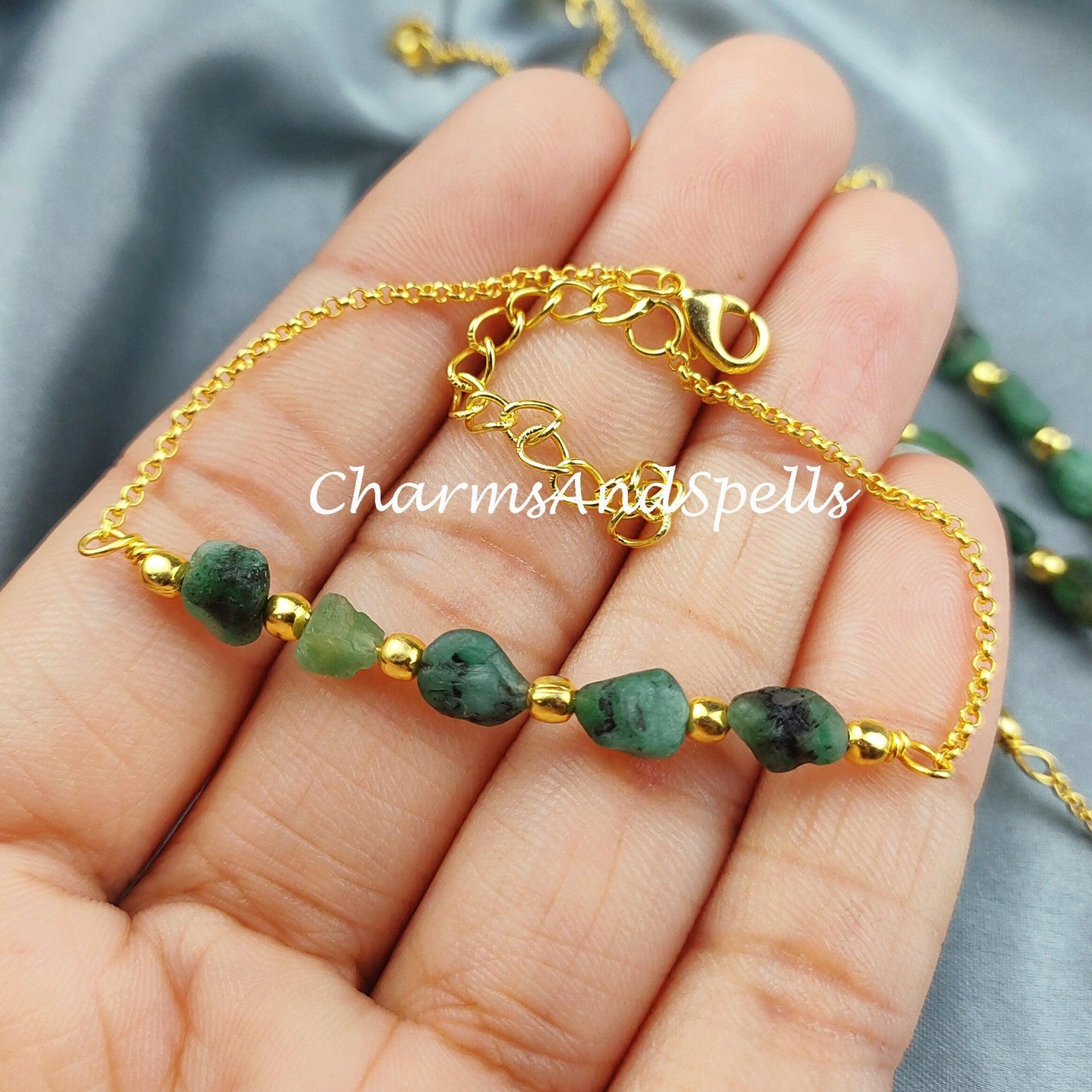 Raw Emerald Bracelet, Healing Bracelet, Ethnic Bracelet, Raw Emerald Bracelet, Dainty Green Crystals Bracelet, Bracelet For Women - Charms And Spells