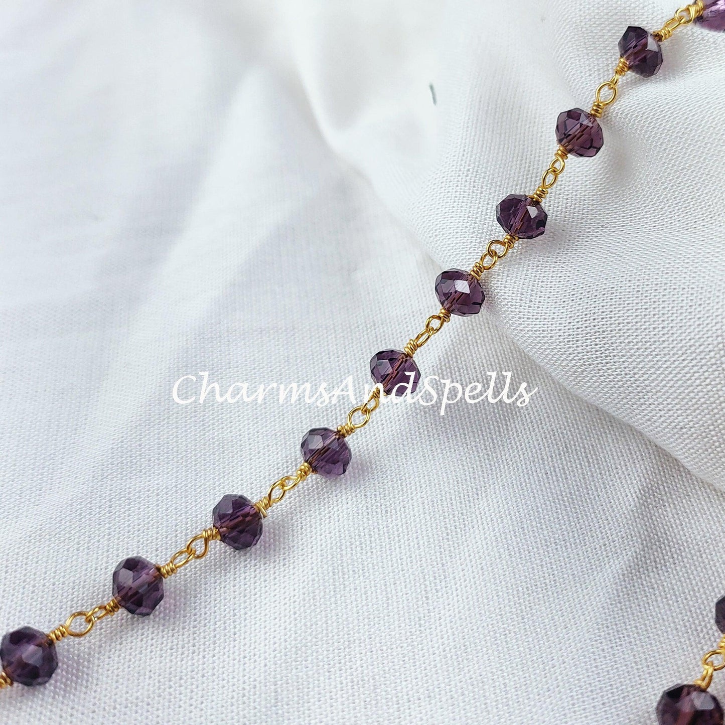 1 Feet Chain, methyst Wire Wrapped Beaded Chain, 14K Gold Plated 5-6mm Beaded Chain, DIY Crystal Wire Wrapped Rosary Chain, Sold In Wholesale - Charms And Spells