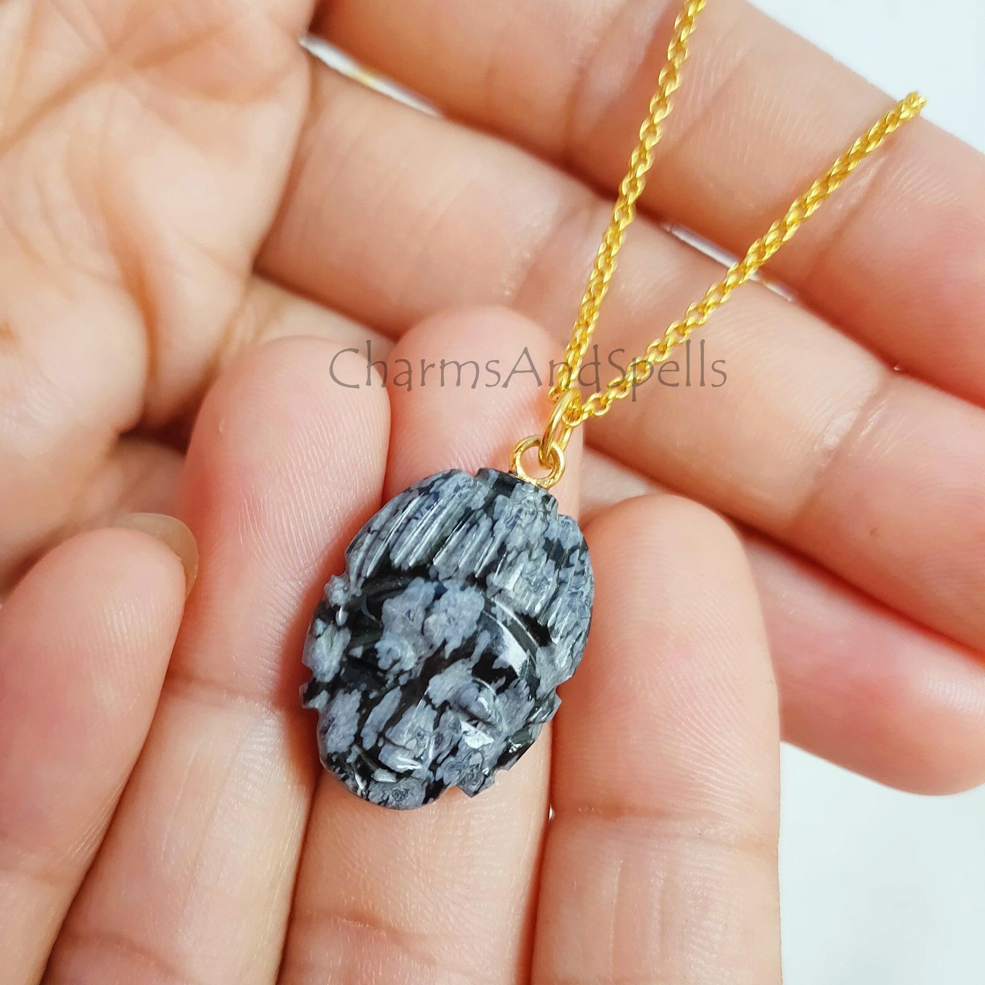 Snowflake Obsidian Buddha Face Carving Necklace, Gold Plated Face Carving Pendant, Obsidian Pendant Necklace, Boho Healing Crystal Necklace - Charms And Spells