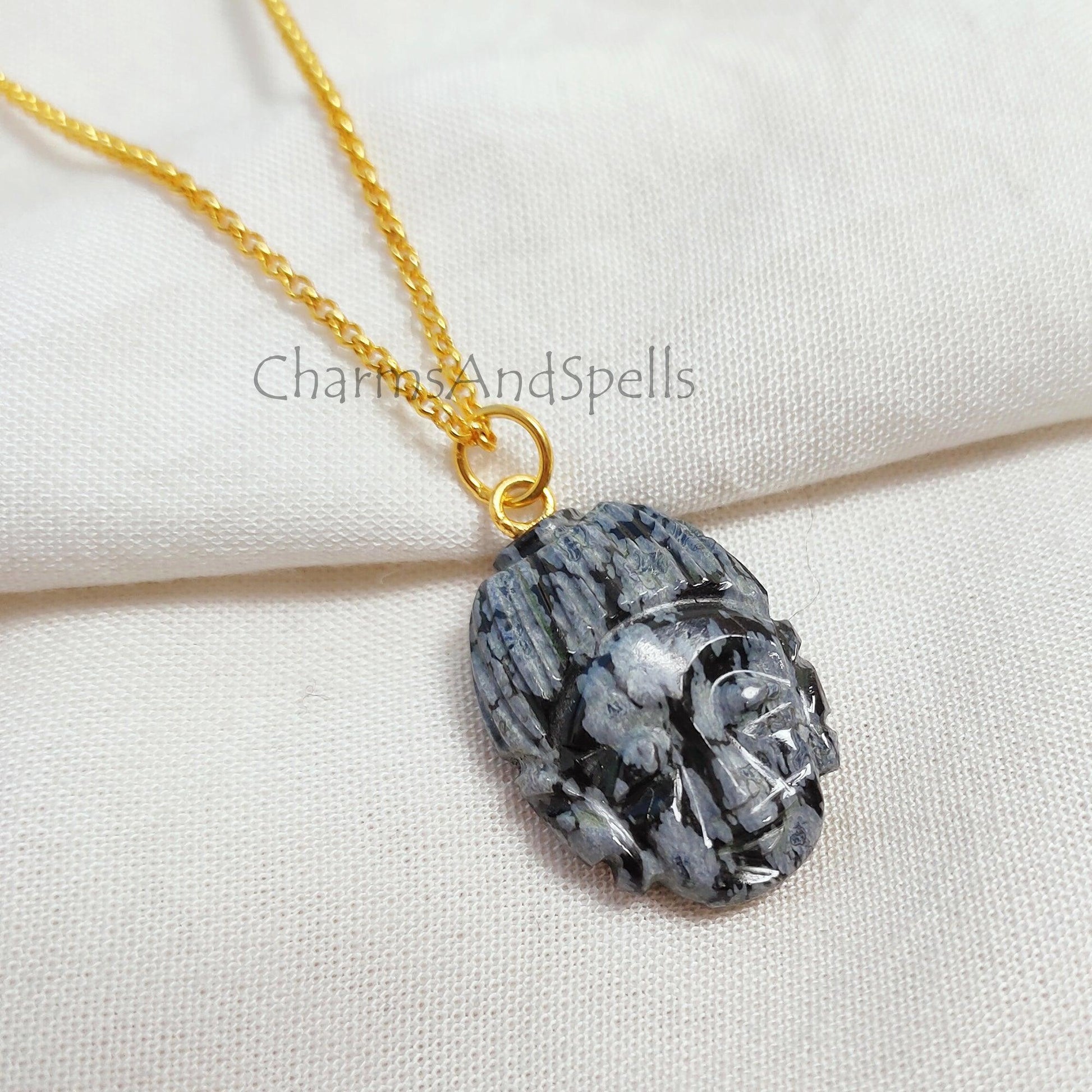 Snowflake Obsidian Buddha Face Carving Necklace, Gold Plated Face Carving Pendant, Obsidian Pendant Necklace, Boho Healing Crystal Necklace - Charms And Spells