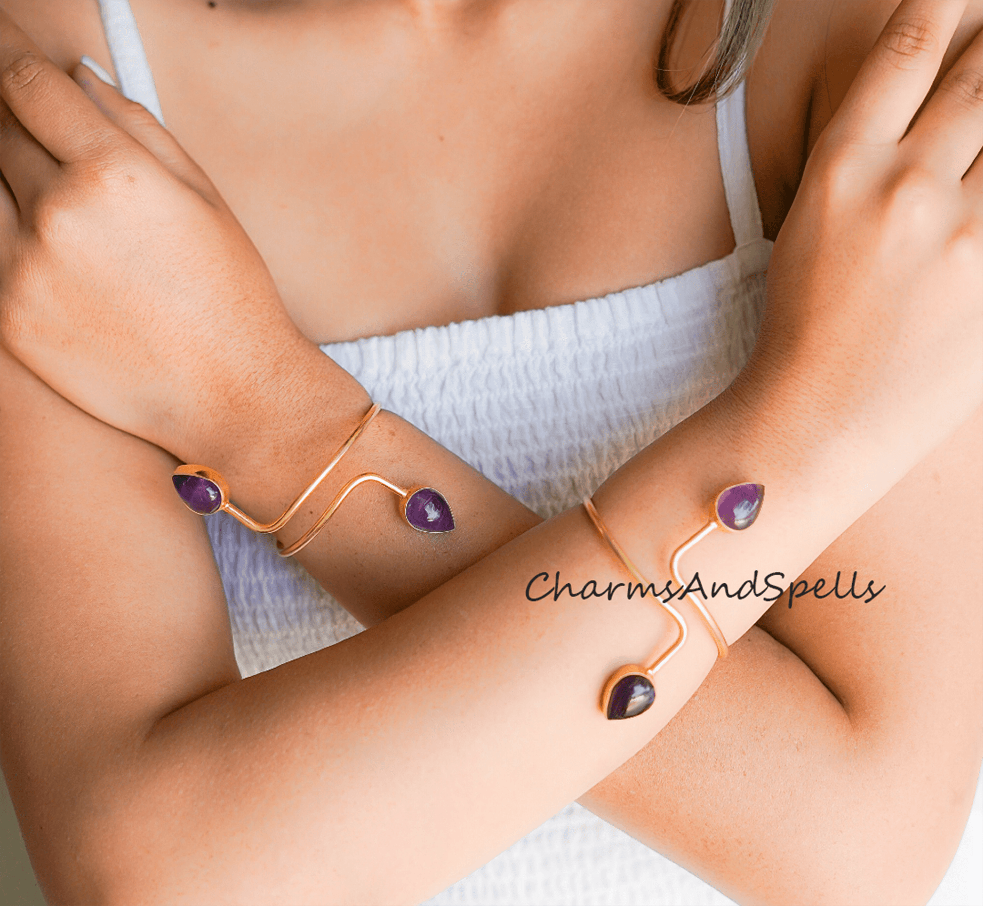 Amethyst gemstone bangle, Gold plated handmade bangle, ethnic Bangle, adjustable bangle, february birthstone bangle - Charms And Spells