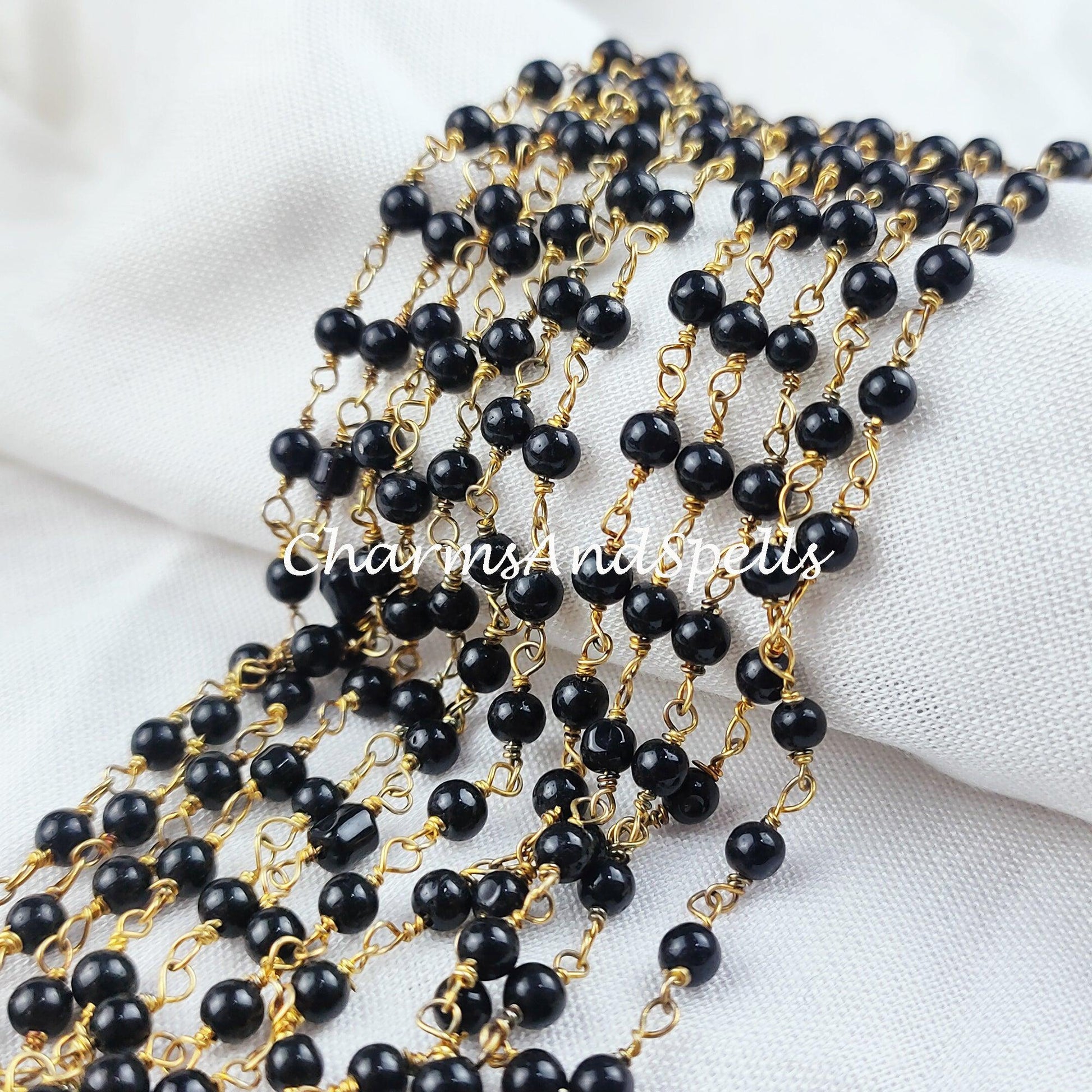 1 Feet Chain, Black Onyx Beaded Rosary Chain, Smooth Round 3-4mm Beaded Gold Plated Chain, Jewelry Findings, Rosary Chain Rolls - Charms And Spells