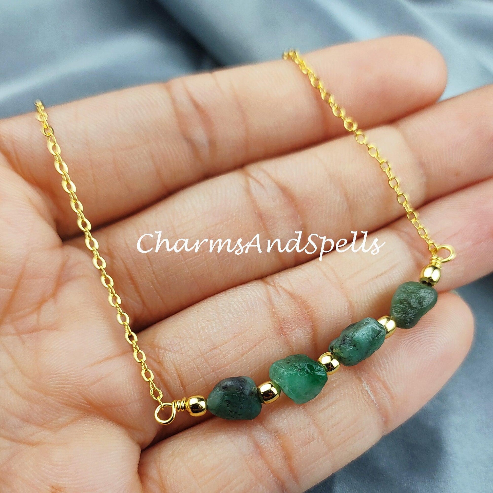 Raw Emerald Necklace, Rough Gemstone Crystal, Healing Stone, May Birthstone, Layering, Girlfriend, Gift for Her - Charms And Spells