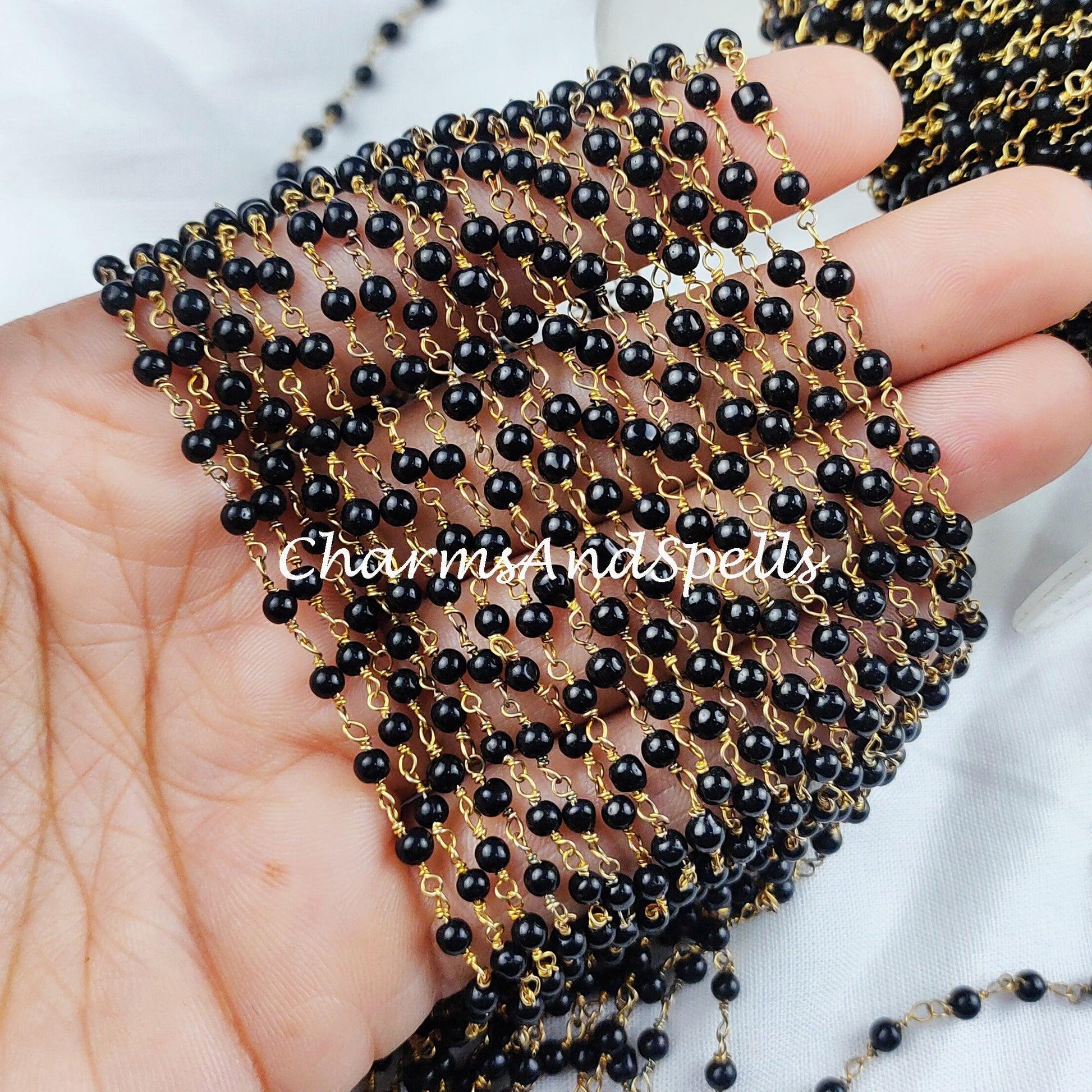 1 Feet Chain, Black Onyx Beaded Rosary Chain, Smooth Round 3-4mm Beaded Gold Plated Chain, Jewelry Findings, Rosary Chain Rolls - Charms And Spells