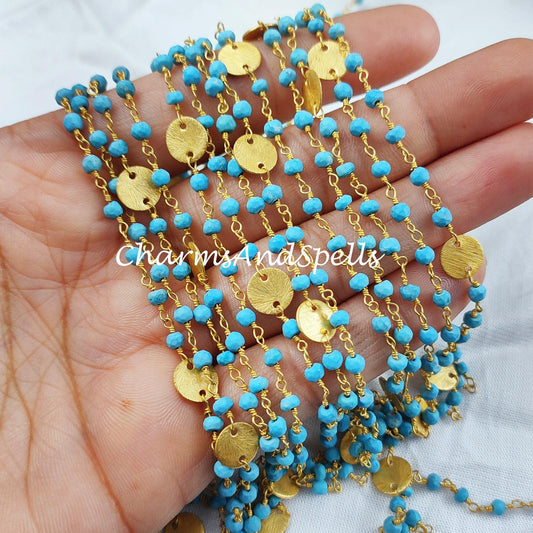 1 Feet Chain Sale!!!! Turquoise Bead Chain, Healing Necklace Chain, Wire Wrapped Chain With Charm, Rosary Bead Chain, Blue Gemstone Chain - Charms And Spells