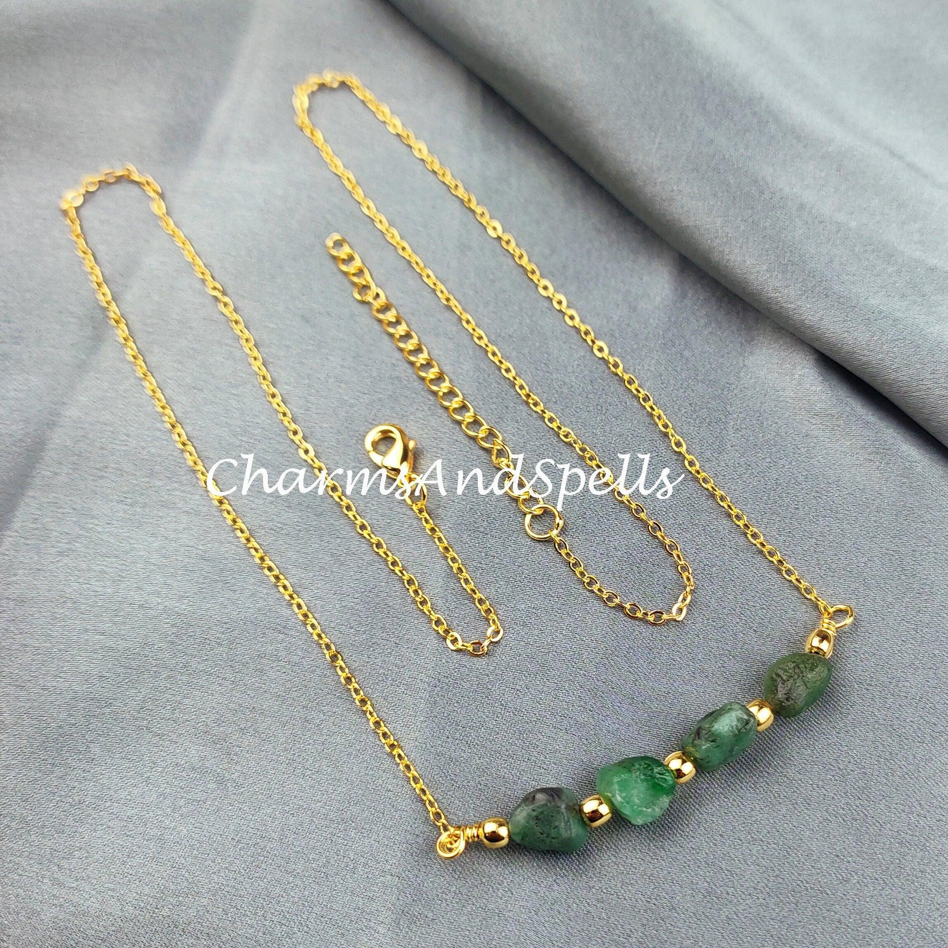 Raw Emerald Necklace, Rough Gemstone Crystal, Healing Stone, May Birthstone, Layering, Girlfriend, Gift for Her - Charms And Spells