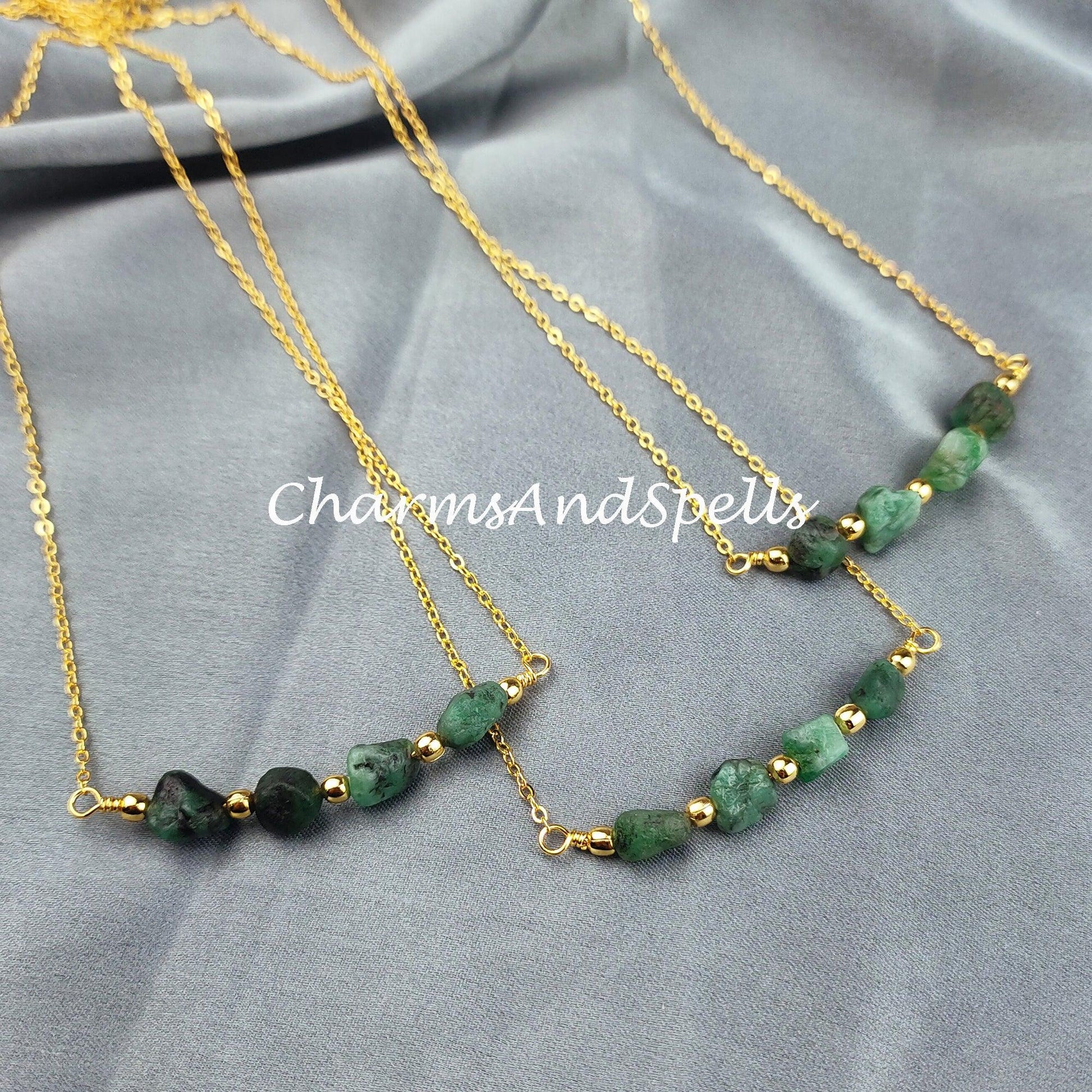 Raw Emerald Necklace, Rough Gemstone Crystal, Healing Stone, May Birthstone, Layering, Girlfriend, Gift for Her - Charms And Spells