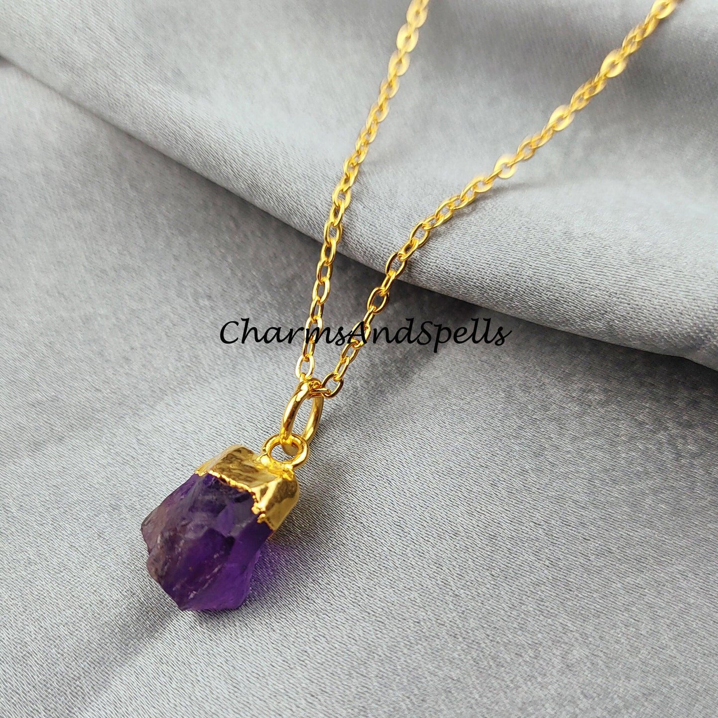 Raw Amethyst necklace, Gold Plated Necklace, Amethyst crystal necklace, rough Amethyst necklace - Charms And Spells