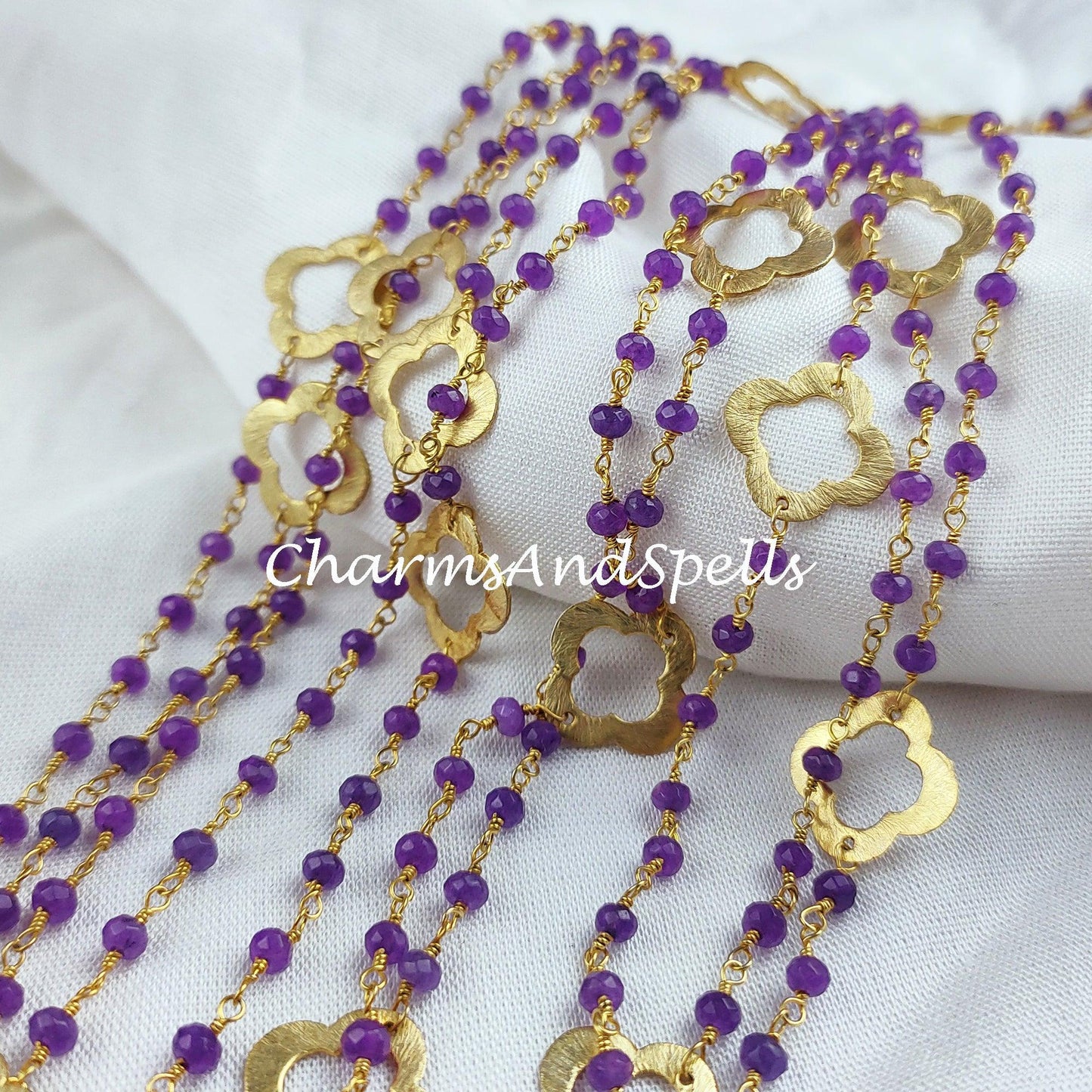 1 Feet Chain, Lavender Chalcedony Rosary Chain, Beads Chain, Body Chain, Jewelry Making Chain, Women Chain, Necklace Chain, 14K Gold Plated - Charms And Spells