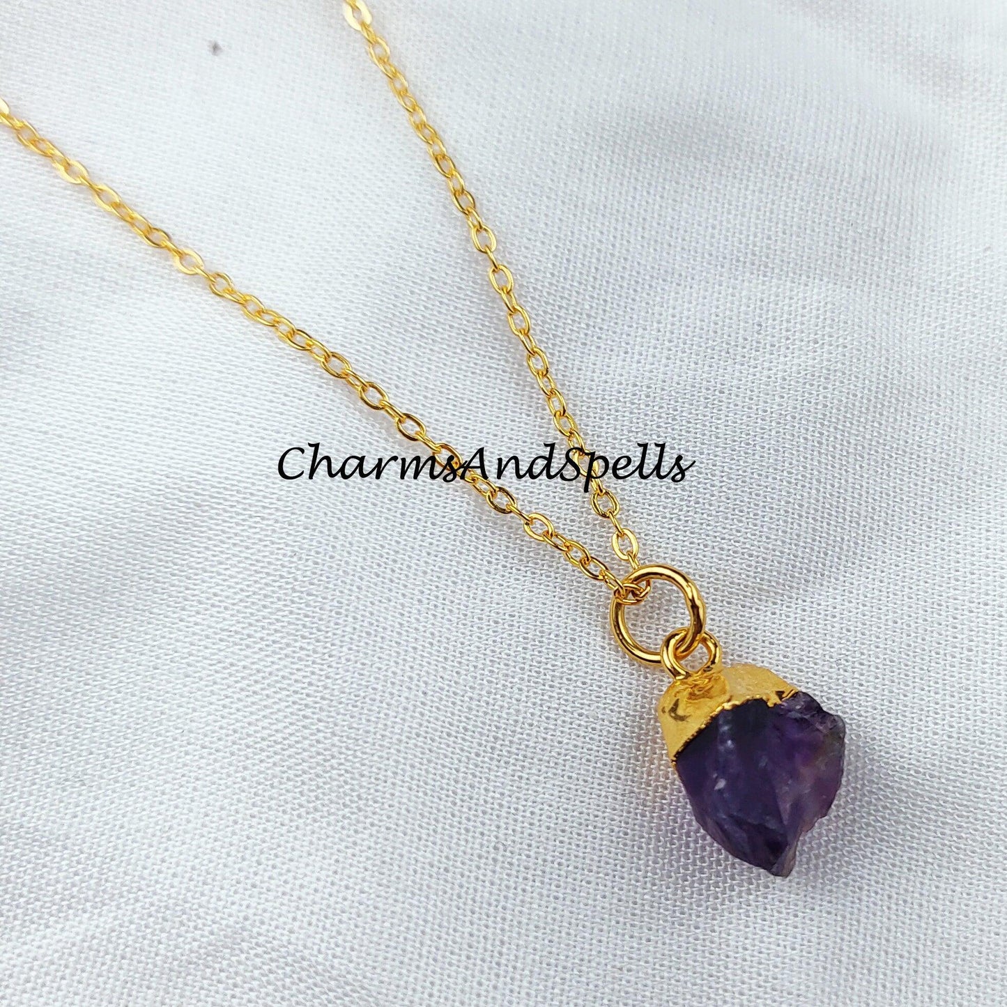 Raw Amethyst necklace, Gold Plated Necklace, Amethyst crystal necklace, rough Amethyst necklace - Charms And Spells