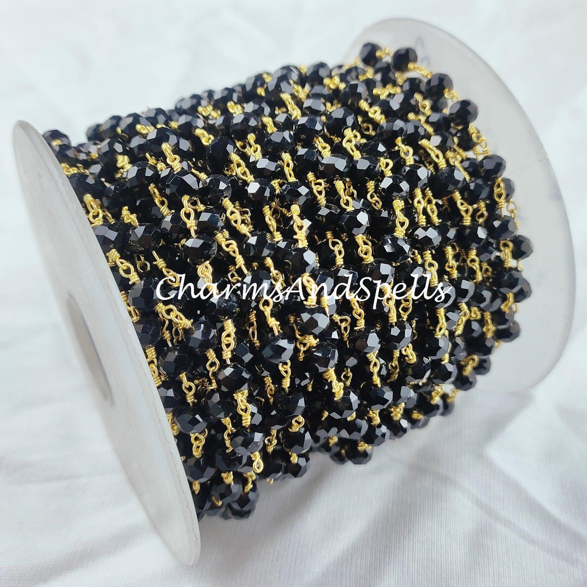 1 Feet Chain, Black Onyx Rosary Chain, 14K Gold Plated Wire Wrap Chain, Rondelle Rosary, Rosary Chain For Making Jewelry, Black Chain - Charms And Spells