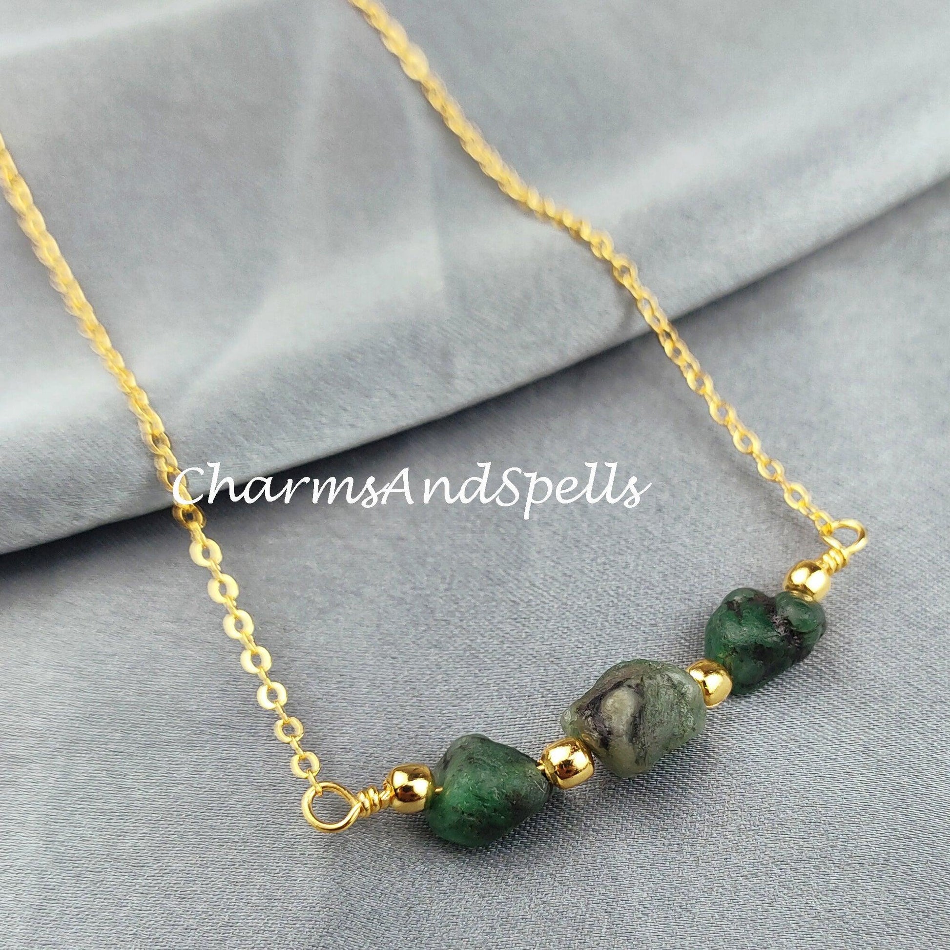 Green Emerald Necklace, Rough Necklace, Birthstone Jewelry, Green Necklace, Gift For Unisex, Ethnic Necklace, Beaded Necklace - Charms And Spells