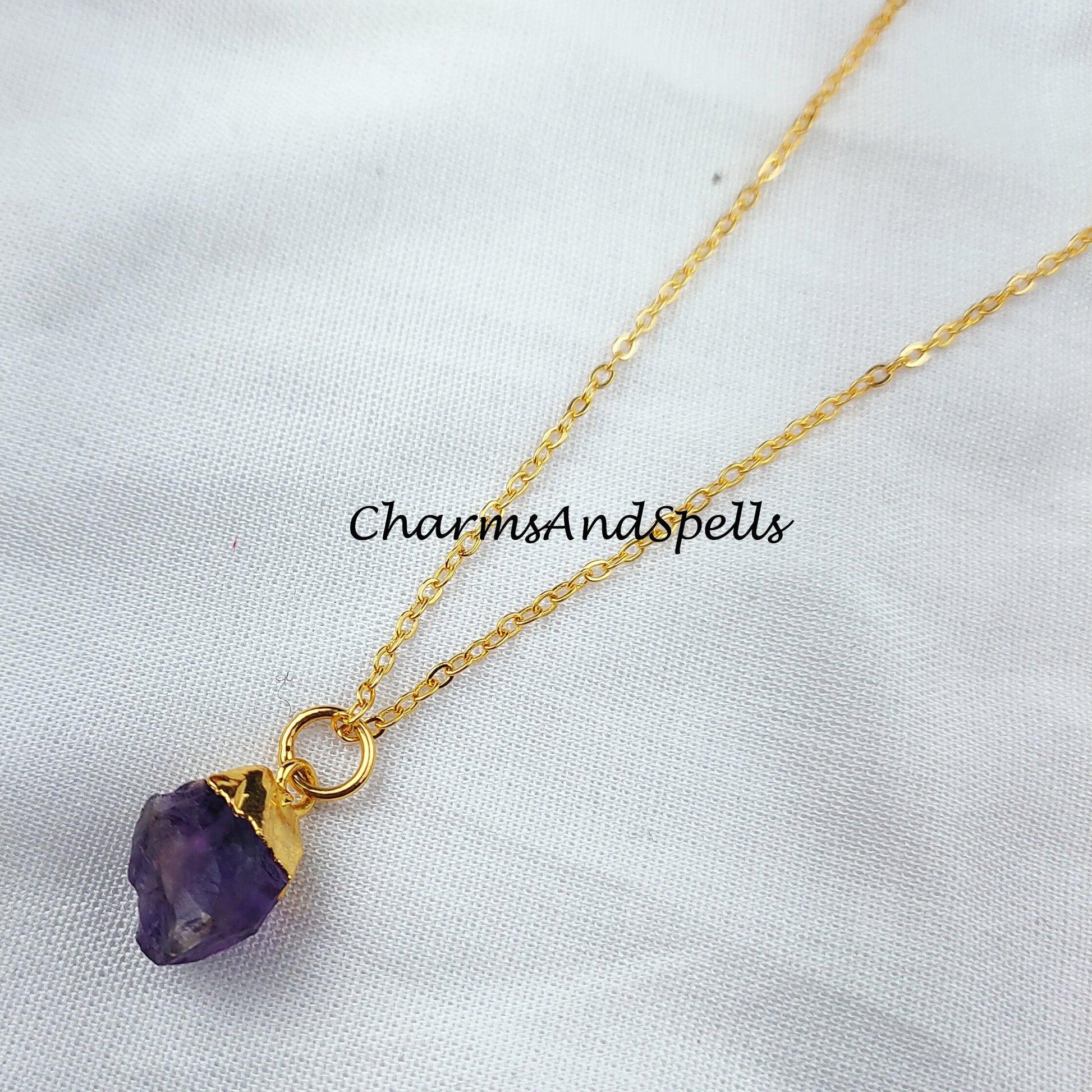 Raw Amethyst necklace, Gold Plated Necklace, Amethyst crystal necklace, rough Amethyst necklace - Charms And Spells