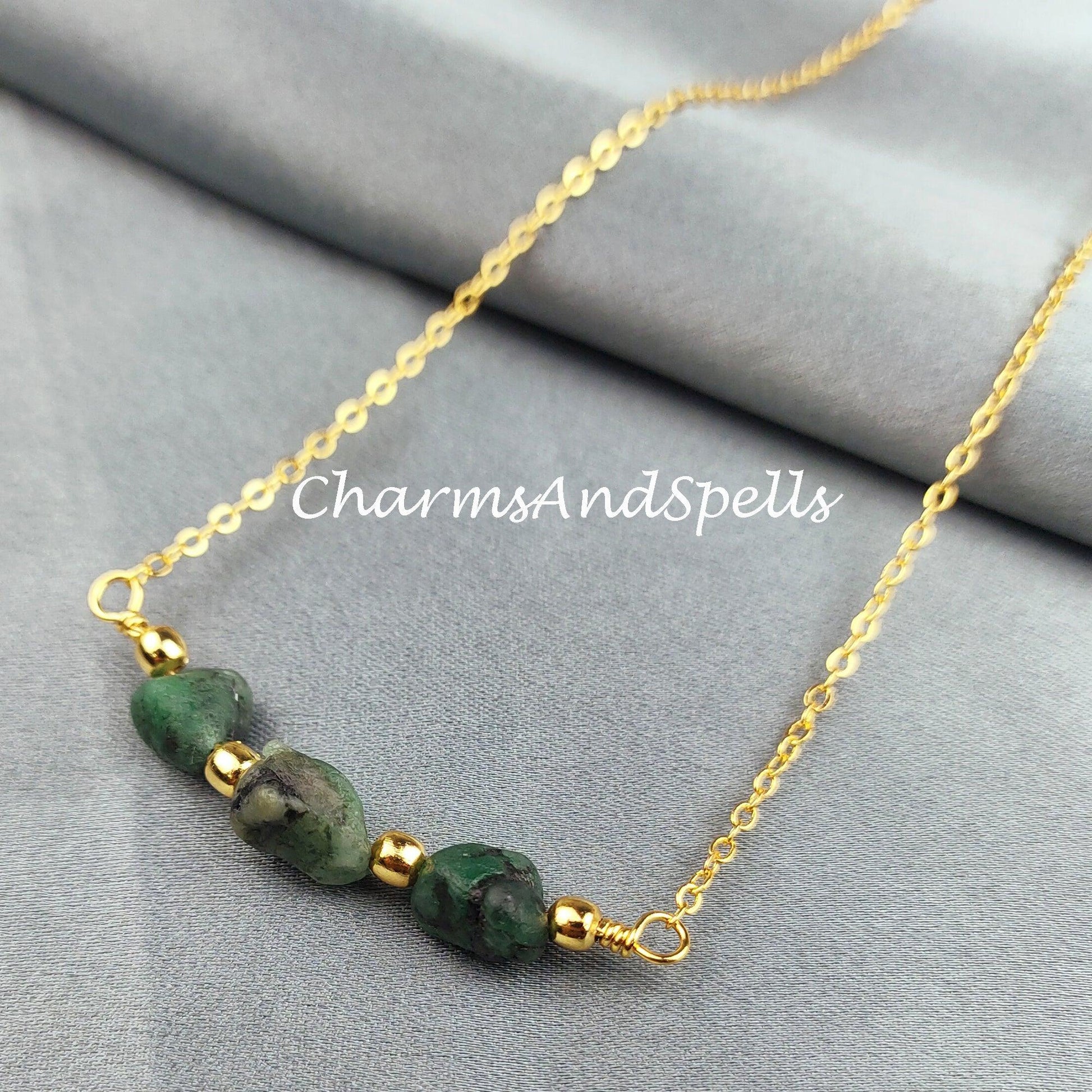 Green Emerald Necklace, Rough Necklace, Birthstone Jewelry, Green Necklace, Gift For Unisex, Ethnic Necklace, Beaded Necklace - Charms And Spells