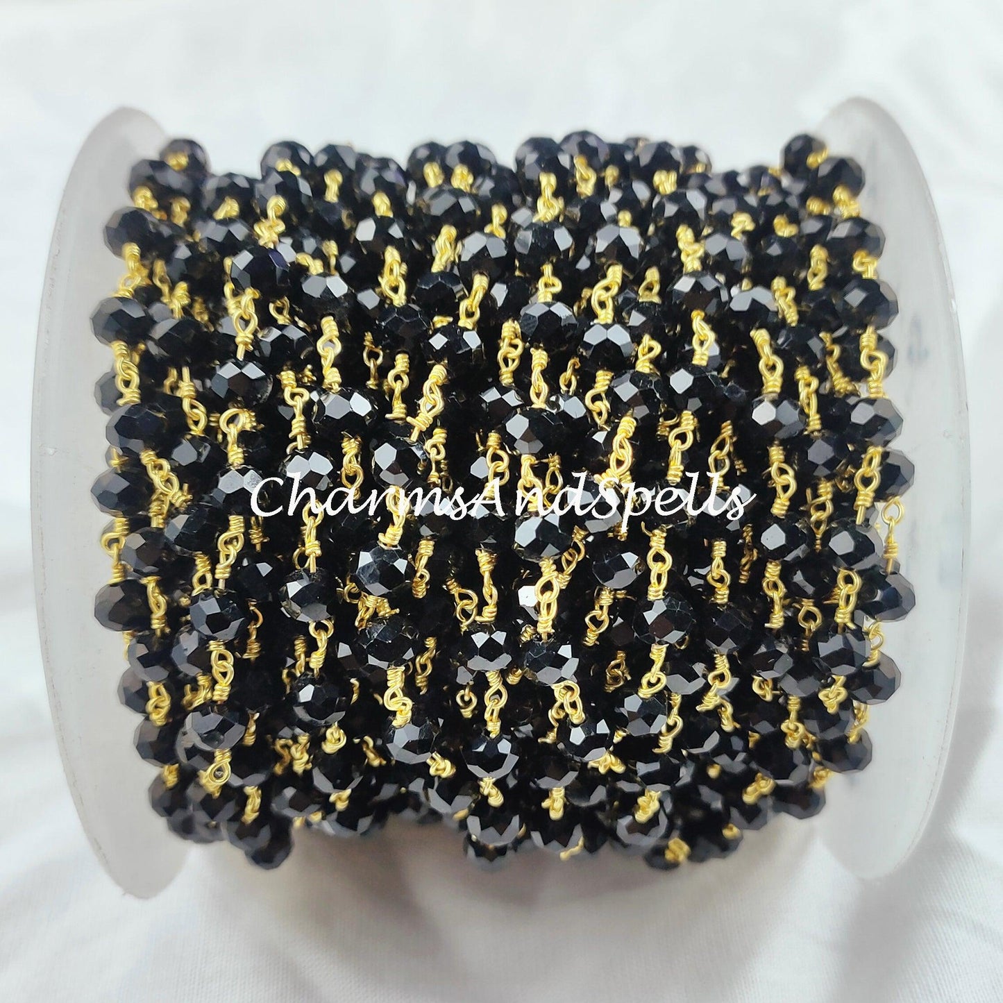 1 Feet Chain, Black Onyx Rosary Chain, 14K Gold Plated Wire Wrap Chain, Rondelle Rosary, Rosary Chain For Making Jewelry, Black Chain - Charms And Spells