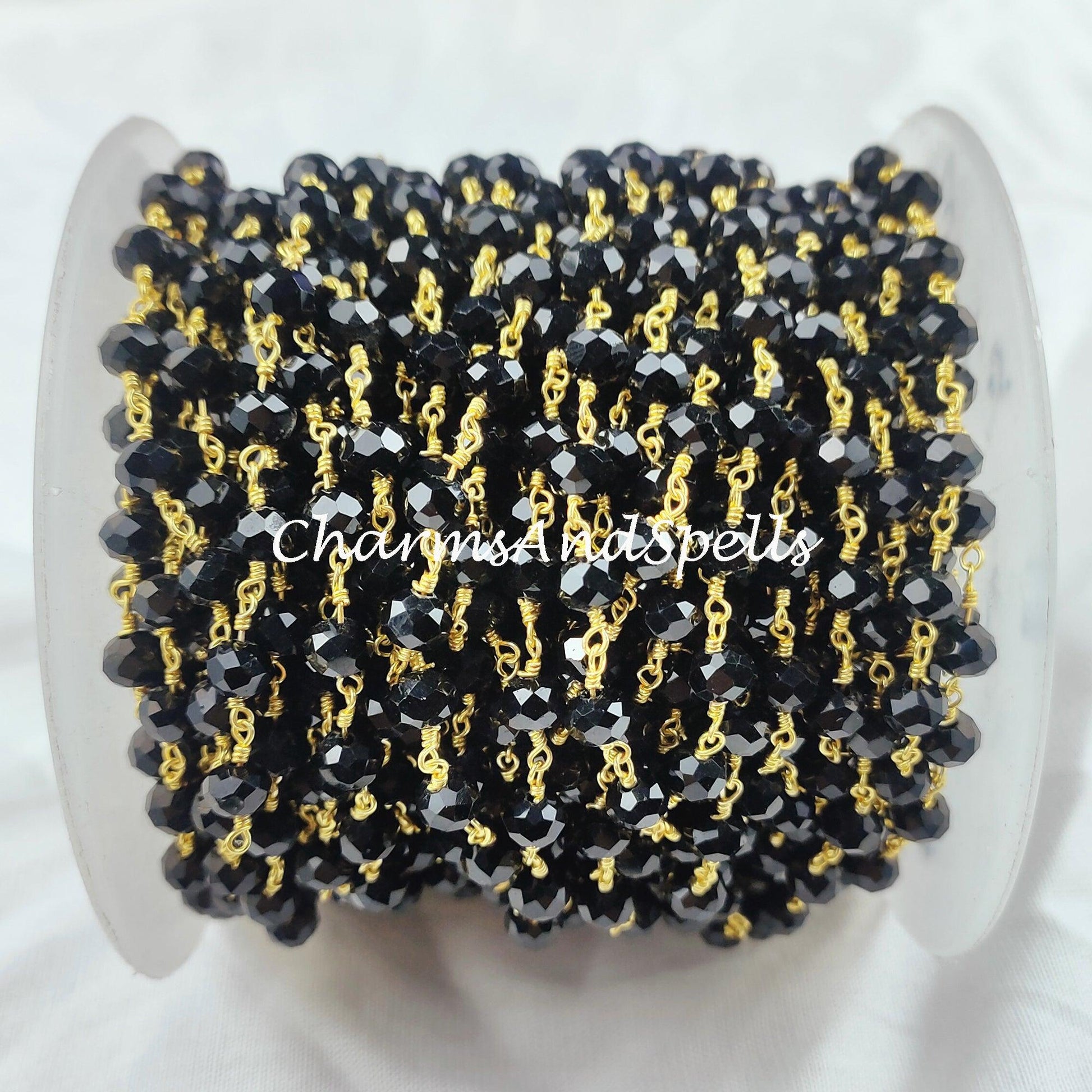 1 Feet Chain, Black Onyx Rosary Chain, 14K Gold Plated Wire Wrap Chain, Rondelle Rosary, Rosary Chain For Making Jewelry, Black Chain - Charms And Spells