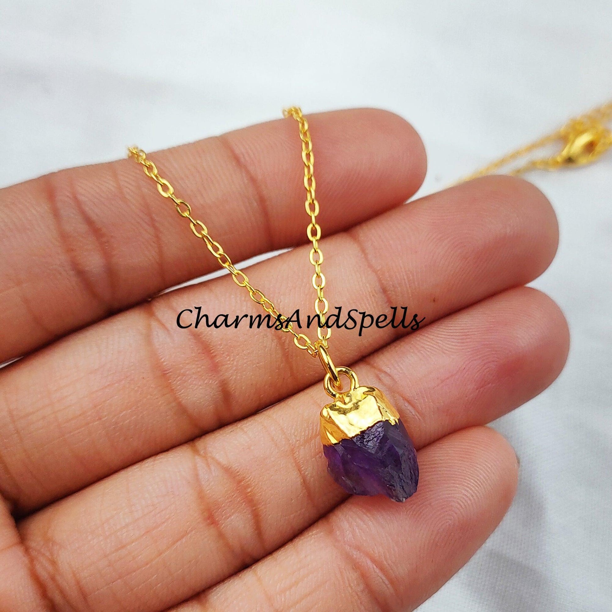 Raw Amethyst necklace, Gold Plated Necklace, Amethyst crystal necklace, rough Amethyst necklace - Charms And Spells