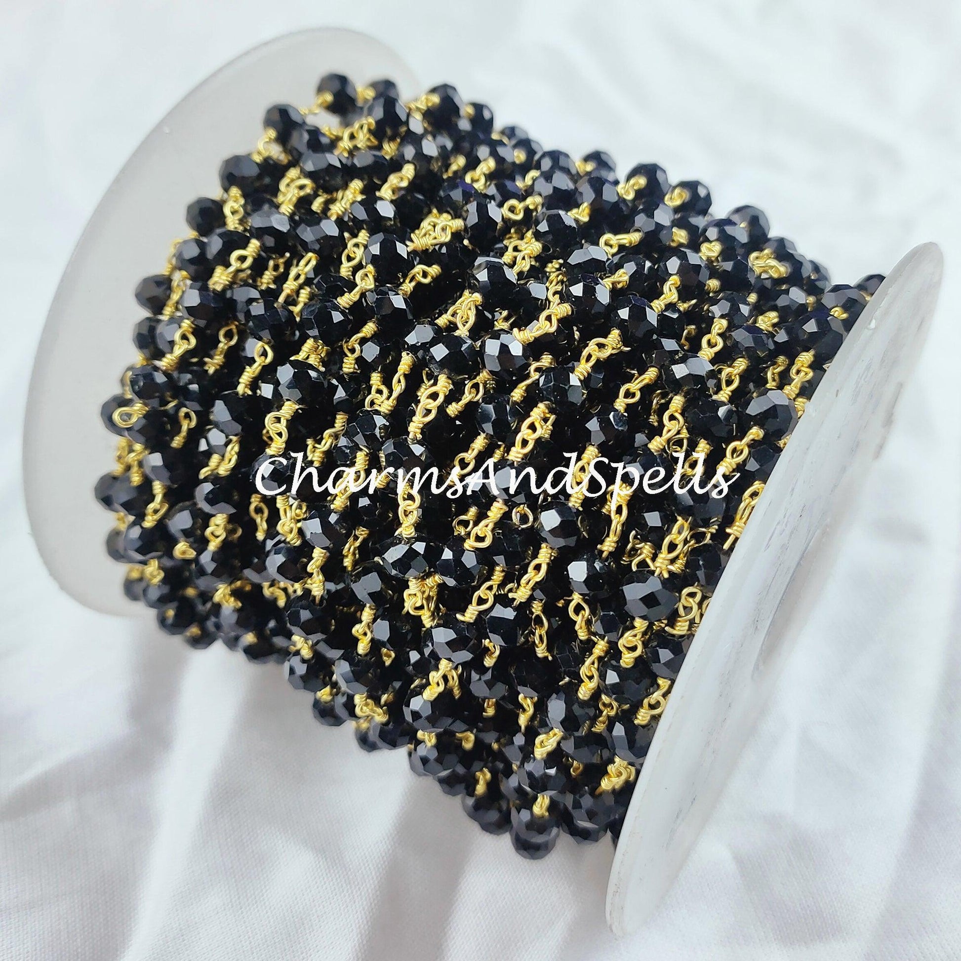 1 Feet Chain, Black Onyx Rosary Chain, 14K Gold Plated Wire Wrap Chain, Rondelle Rosary, Rosary Chain For Making Jewelry, Black Chain - Charms And Spells