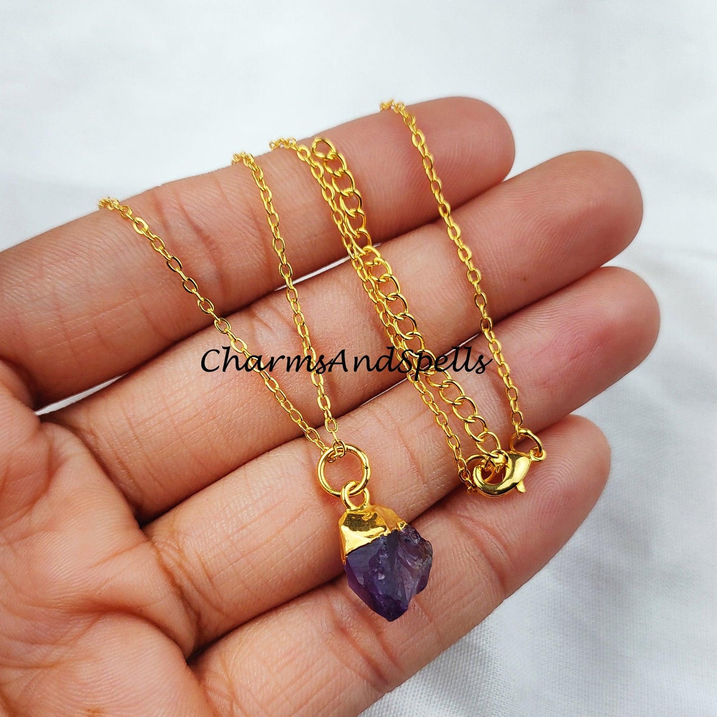 Raw Amethyst necklace, Gold Plated Necklace, Amethyst crystal necklace, rough Amethyst necklace - Charms And Spells