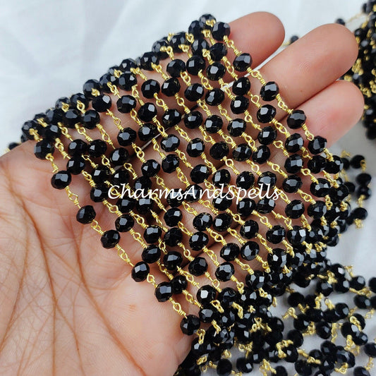 1 Feet Chain, Black Onyx Rosary Chain, 14K Gold Plated Wire Wrap Chain, Rondelle Rosary, Rosary Chain For Making Jewelry, Black Chain - Charms And Spells