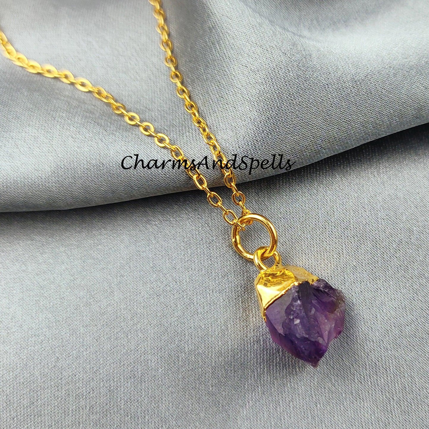 Raw Amethyst necklace, Gold Plated Necklace, Amethyst crystal necklace, rough Amethyst necklace - Charms And Spells