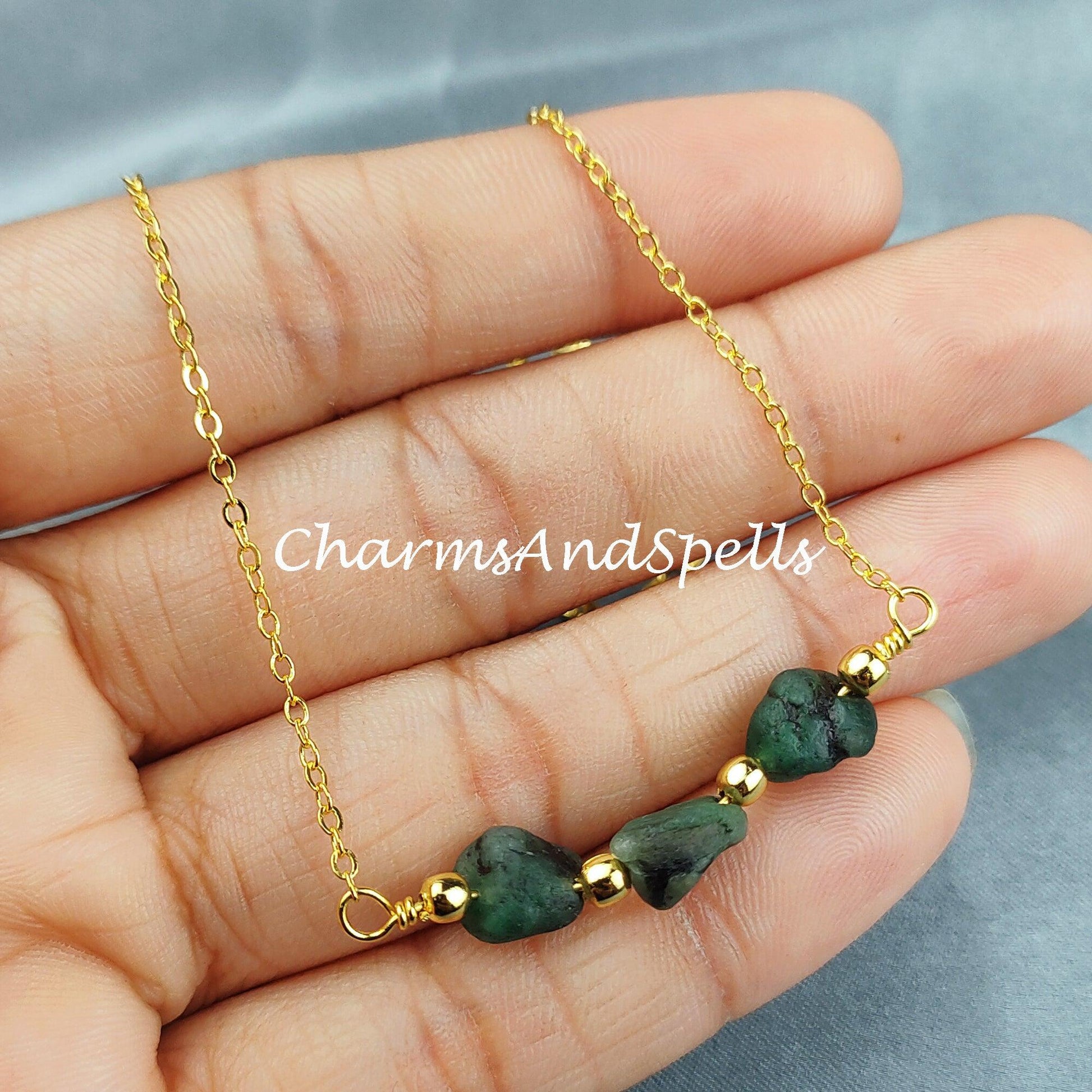 Green Emerald Necklace, Rough Necklace, Birthstone Jewelry, Green Necklace, Gift For Unisex, Ethnic Necklace, Beaded Necklace - Charms And Spells