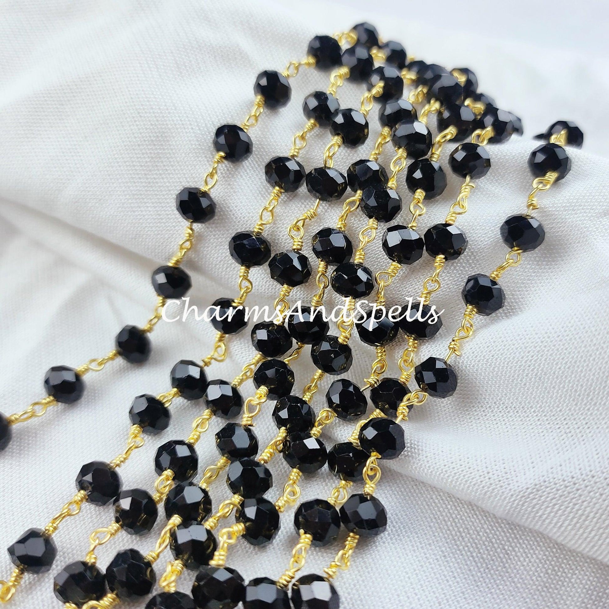 1 Feet Chain, Black Onyx Rosary Chain, 14K Gold Plated Wire Wrap Chain, Rondelle Rosary, Rosary Chain For Making Jewelry, Black Chain - Charms And Spells