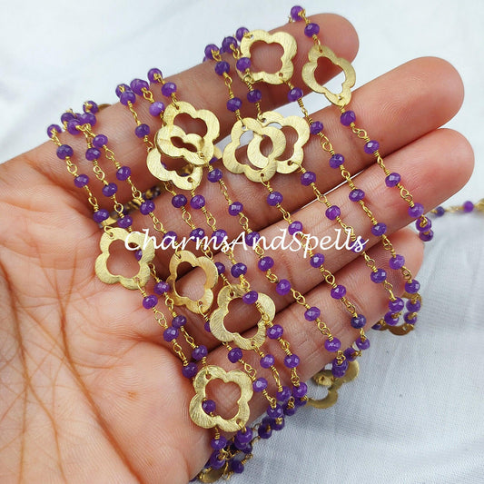 1 Feet Chain, Lavender Chalcedony Rosary Chain, Beads Chain, Body Chain, Jewelry Making Chain, Women Chain, Necklace Chain, 14K Gold Plated - Charms And Spells