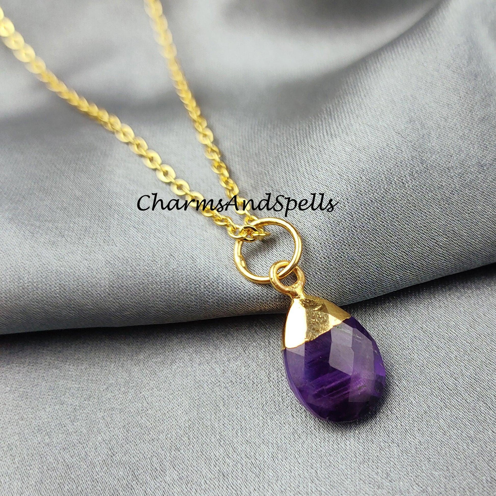 Purple Amethyst Necklace, Amethyst Teardrop Necklace, Chain Necklace, Pendant Necklace, Birthstone Necklace - Charms And Spells