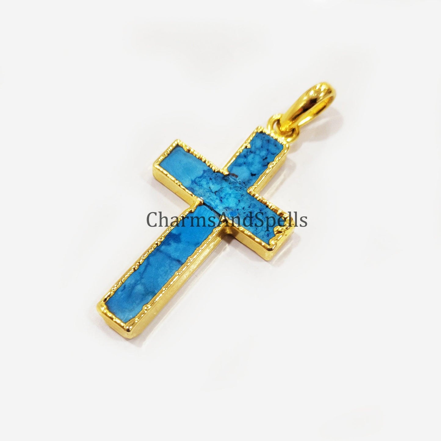 Turquoise Howlite Pendant, Christian Cross Pendant, Gemstone Pendant, Gold Electroplated Pendant, Statement Pendant, Gift For Unisex - Charms And Spells