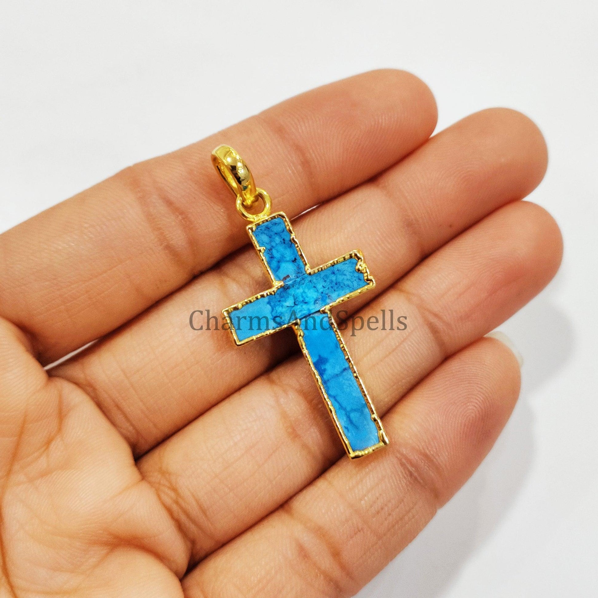 Turquoise Howlite Pendant, Christian Cross Pendant, Gemstone Pendant, Gold Electroplated Pendant, Statement Pendant, Gift For Unisex - Charms And Spells