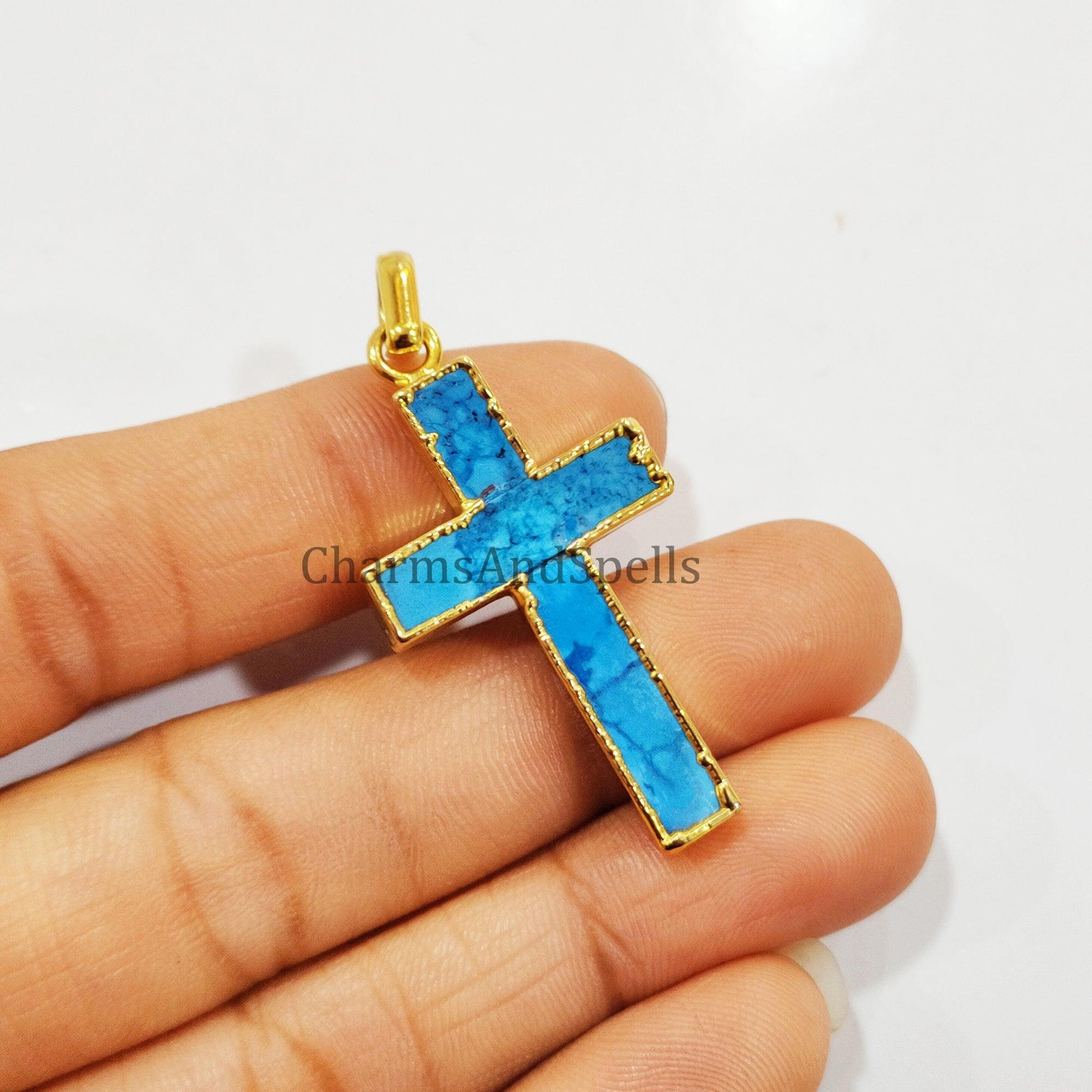 Turquoise Howlite Pendant, Christian Cross Pendant, Gemstone Pendant, Gold Electroplated Pendant, Statement Pendant, Gift For Unisex - Charms And Spells