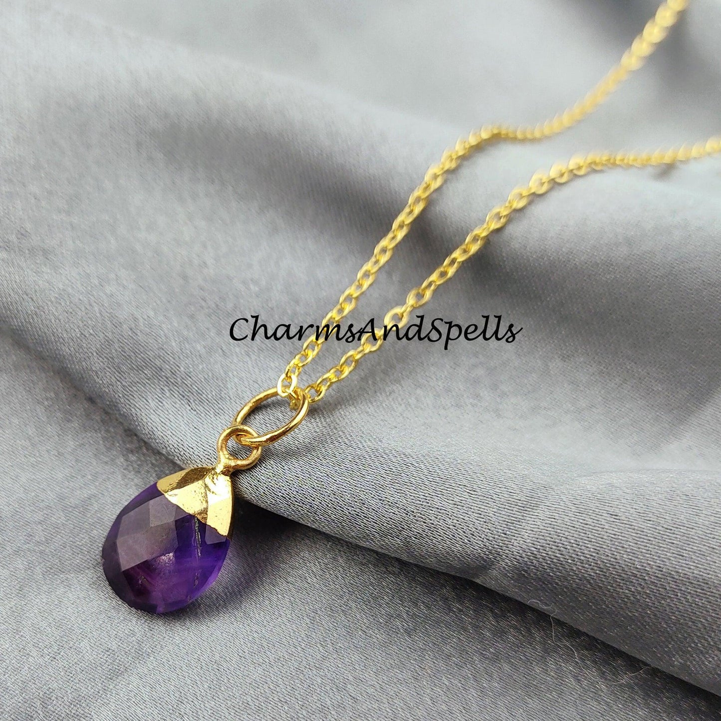 Purple Amethyst Necklace, Amethyst Teardrop Necklace, Chain Necklace, Pendant Necklace, Birthstone Necklace - Charms And Spells