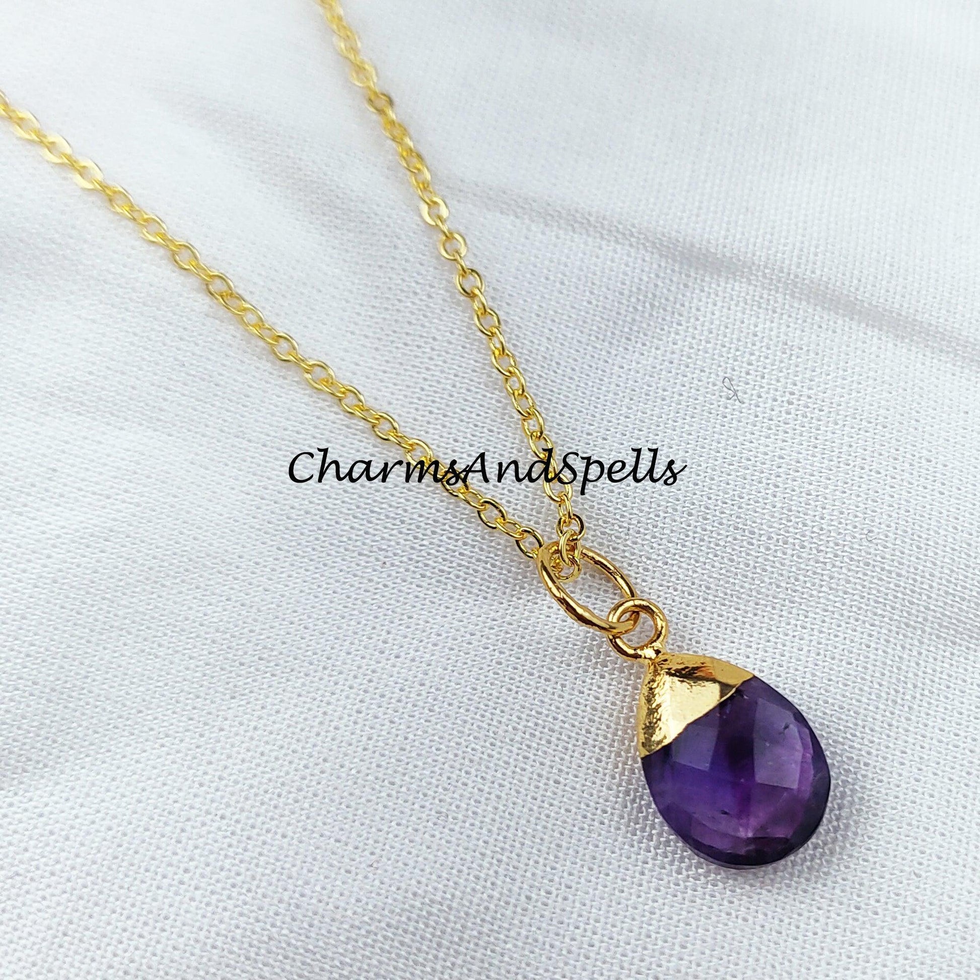 Purple Amethyst Necklace, Amethyst Teardrop Necklace, Chain Necklace, Pendant Necklace, Birthstone Necklace - Charms And Spells