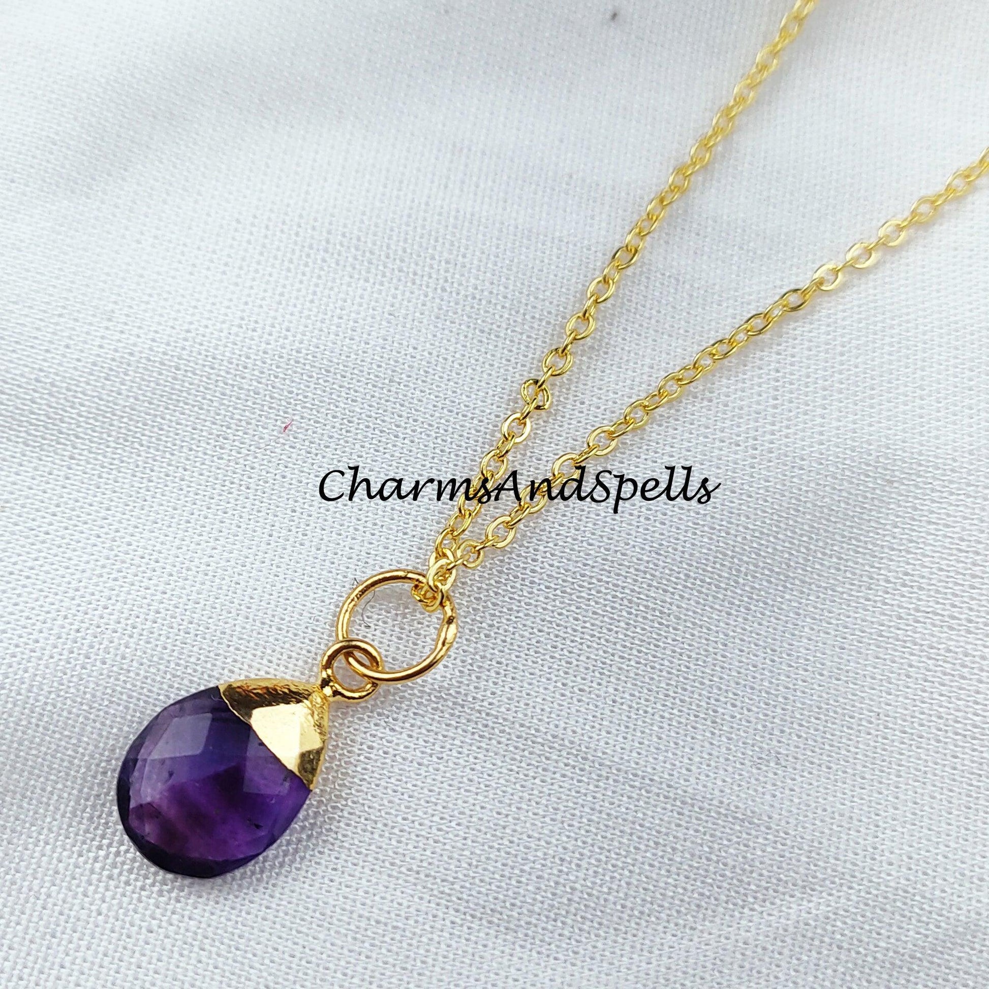 Purple Amethyst Necklace, Amethyst Teardrop Necklace, Chain Necklace, Pendant Necklace, Birthstone Necklace - Charms And Spells