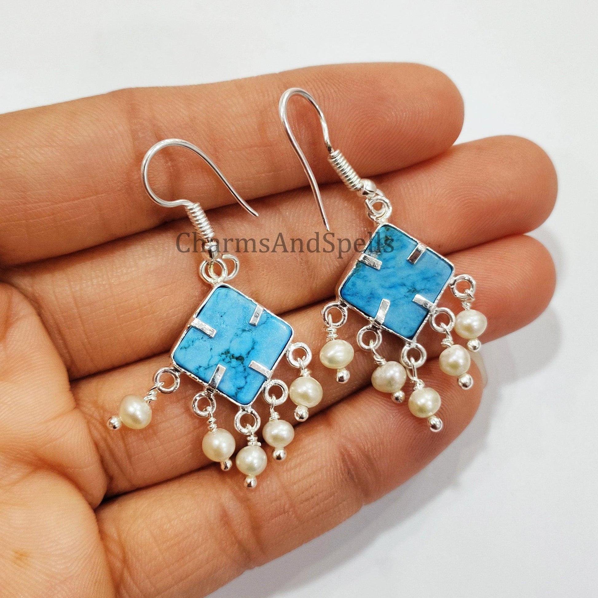 Turquoise Howlite Earrings, Dainty Pearl Earrings, Anniversary Gift, Turquoise Handmade Earrings, Sterling Silver Plated - Charms And Spells