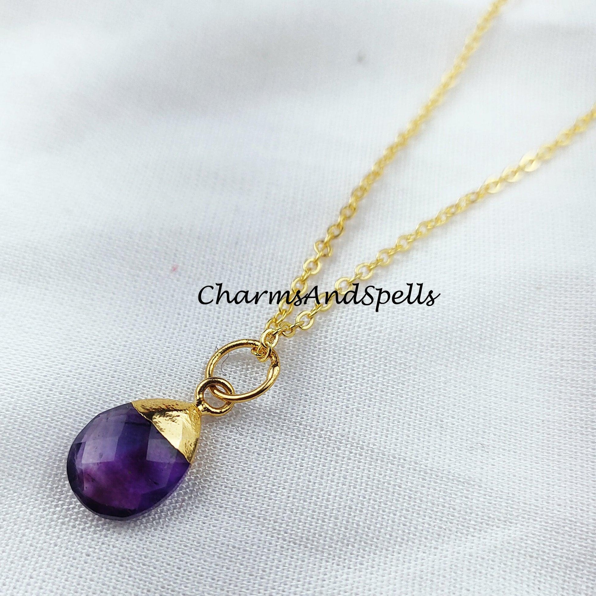 Purple Amethyst Necklace, Amethyst Teardrop Necklace, Chain Necklace, Pendant Necklace, Birthstone Necklace - Charms And Spells