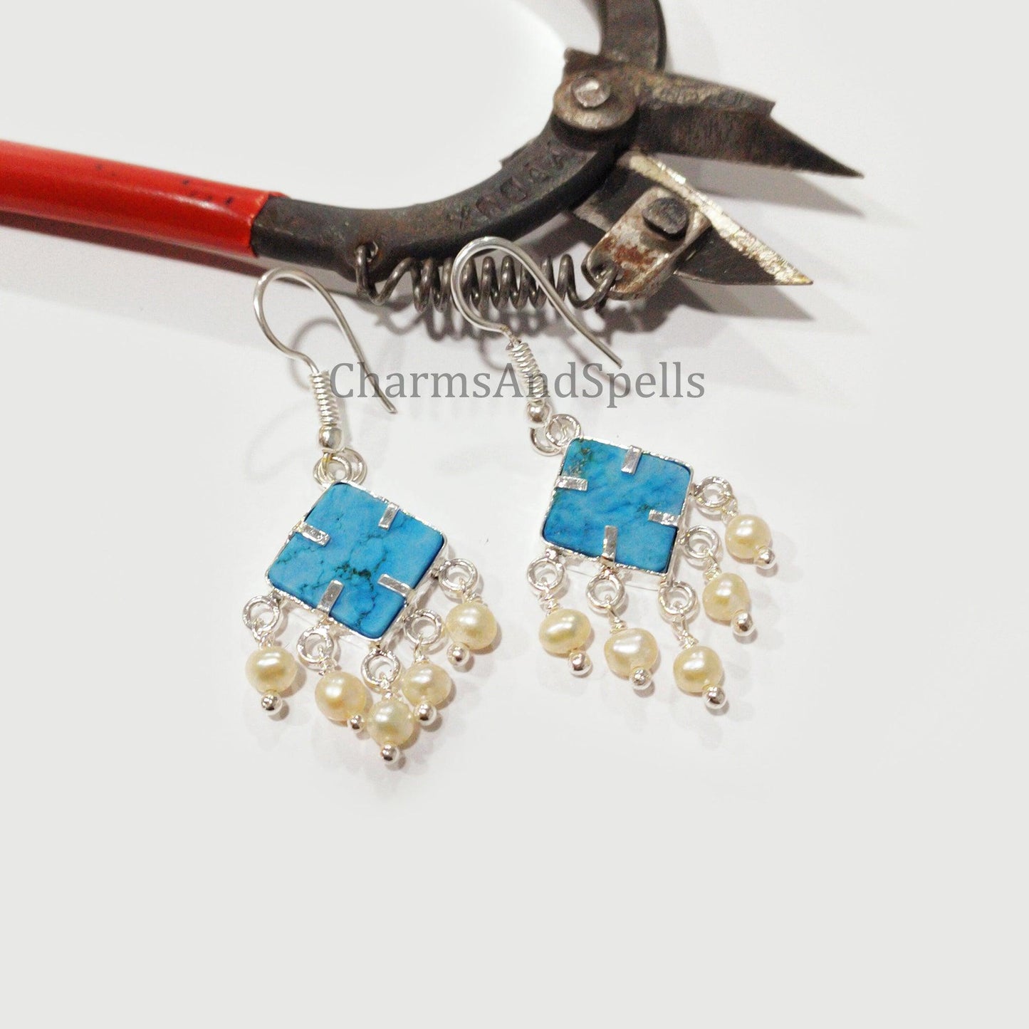 Turquoise Howlite Earrings, Dainty Pearl Earrings, Anniversary Gift, Turquoise Handmade Earrings, Sterling Silver Plated - Charms And Spells