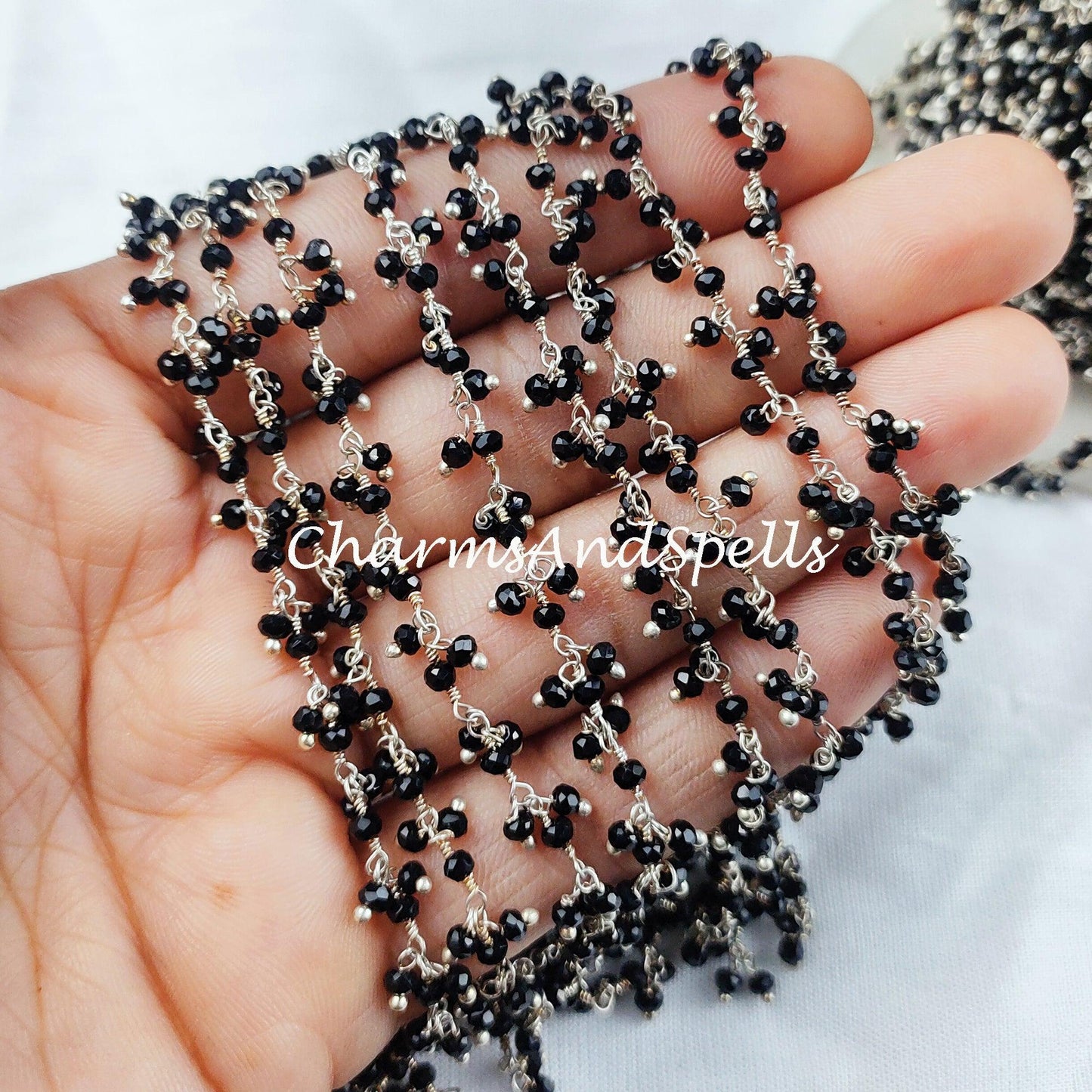 1 Feet Chain, Black Onyx Thick Beaded Chain, Necklace Chain, Wire Wrapped Gemstone Beaded Chain, Rosary Beaded Chain, Black Gemstone Chain - Charms And Spells