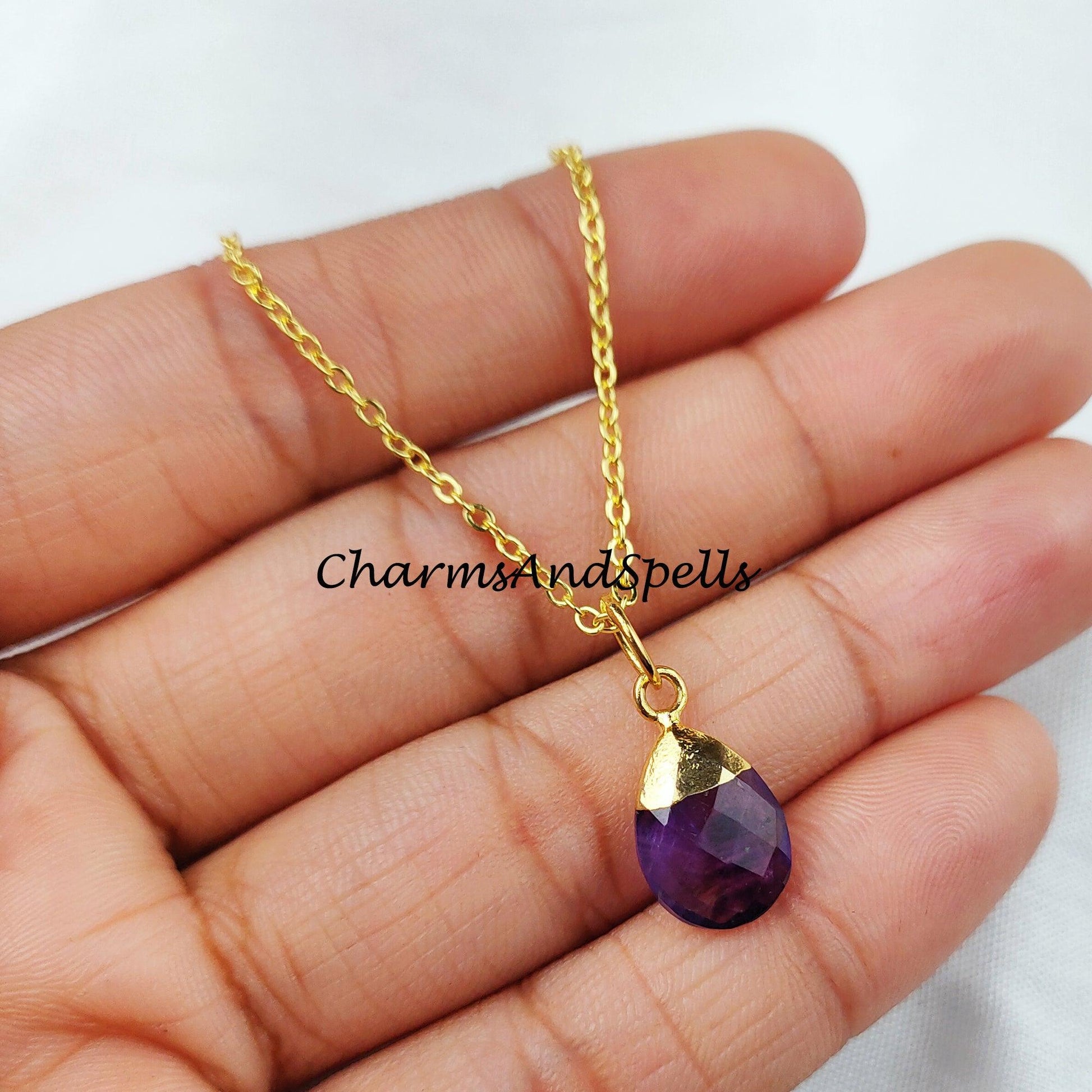 Purple Amethyst Necklace, Amethyst Teardrop Necklace, Chain Necklace, Pendant Necklace, Birthstone Necklace - Charms And Spells