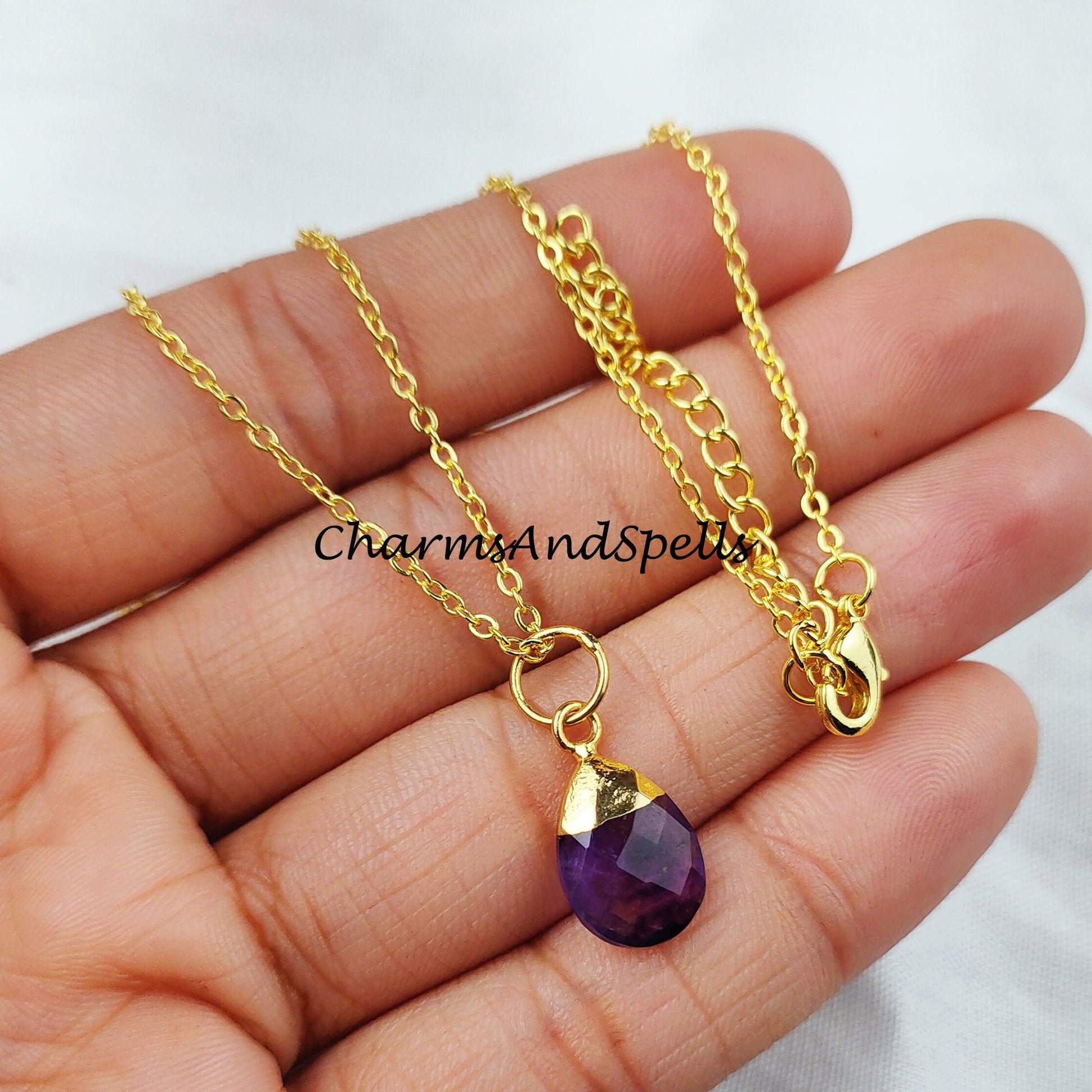 Purple Amethyst Necklace, Amethyst Teardrop Necklace, Chain Necklace, Pendant Necklace, Birthstone Necklace - Charms And Spells