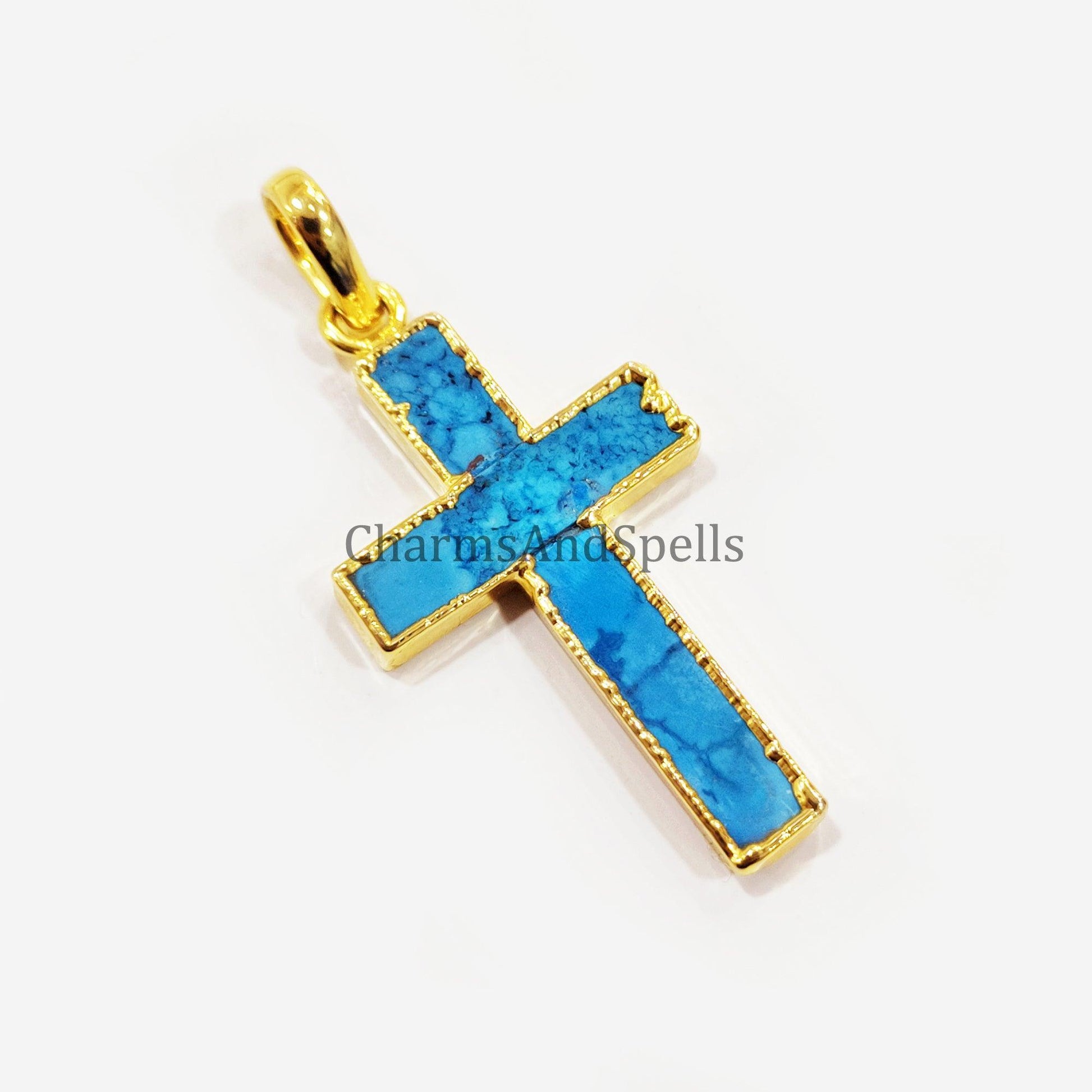 Turquoise Howlite Pendant, Christian Cross Pendant, Gemstone Pendant, Gold Electroplated Pendant, Statement Pendant, Gift For Unisex - Charms And Spells