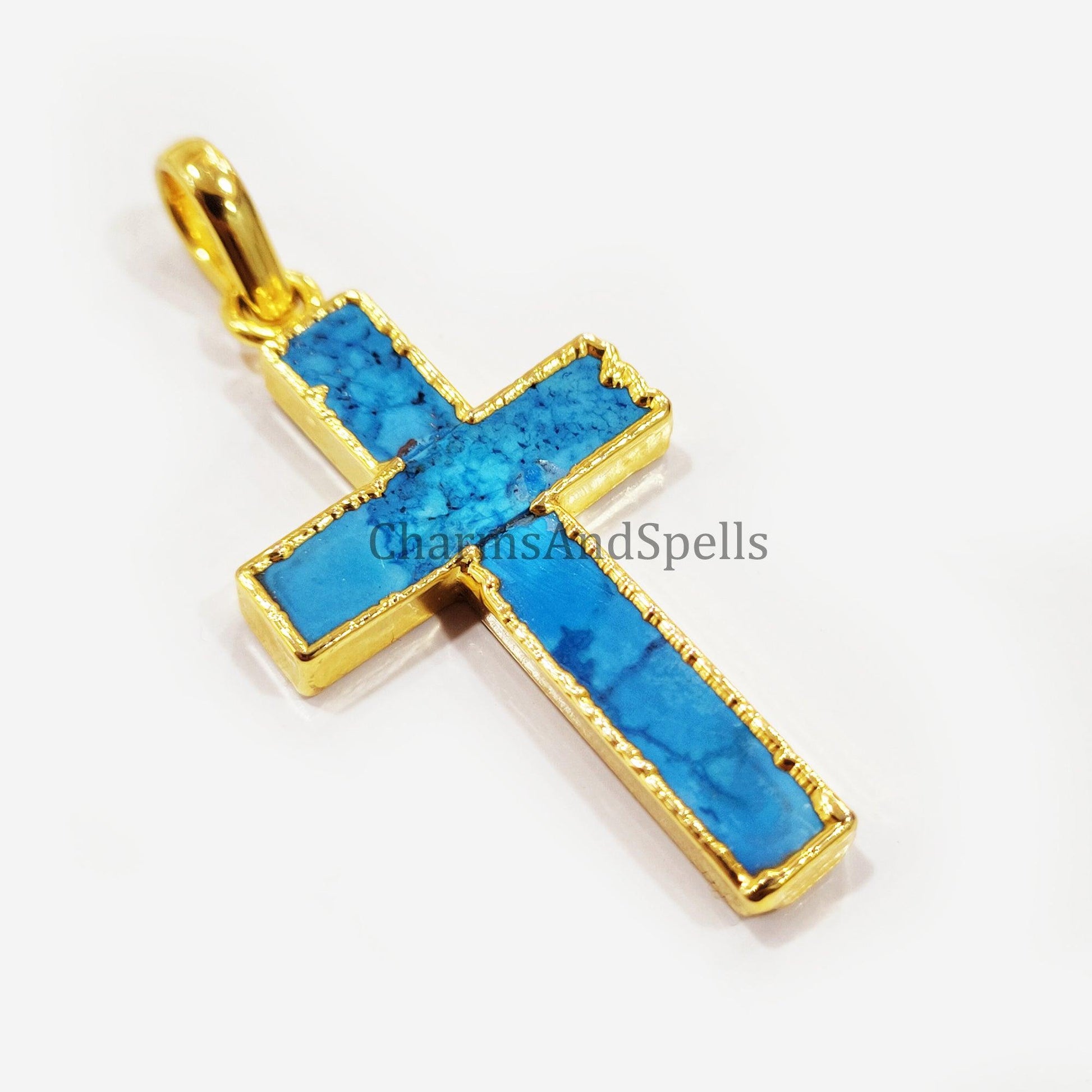 Turquoise Howlite Pendant, Christian Cross Pendant, Gemstone Pendant, Gold Electroplated Pendant, Statement Pendant, Gift For Unisex - Charms And Spells