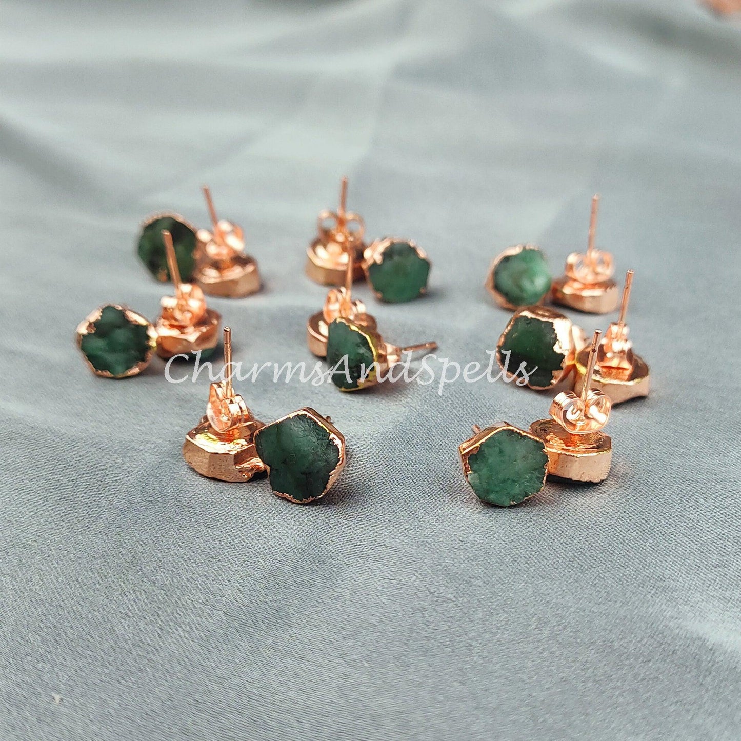 Raw Emerald Electroplated Stud Earrings, Copper Jewelry, Emerald Jewelry, Gemstone Earrings, Stud Earrings - Charms And Spells