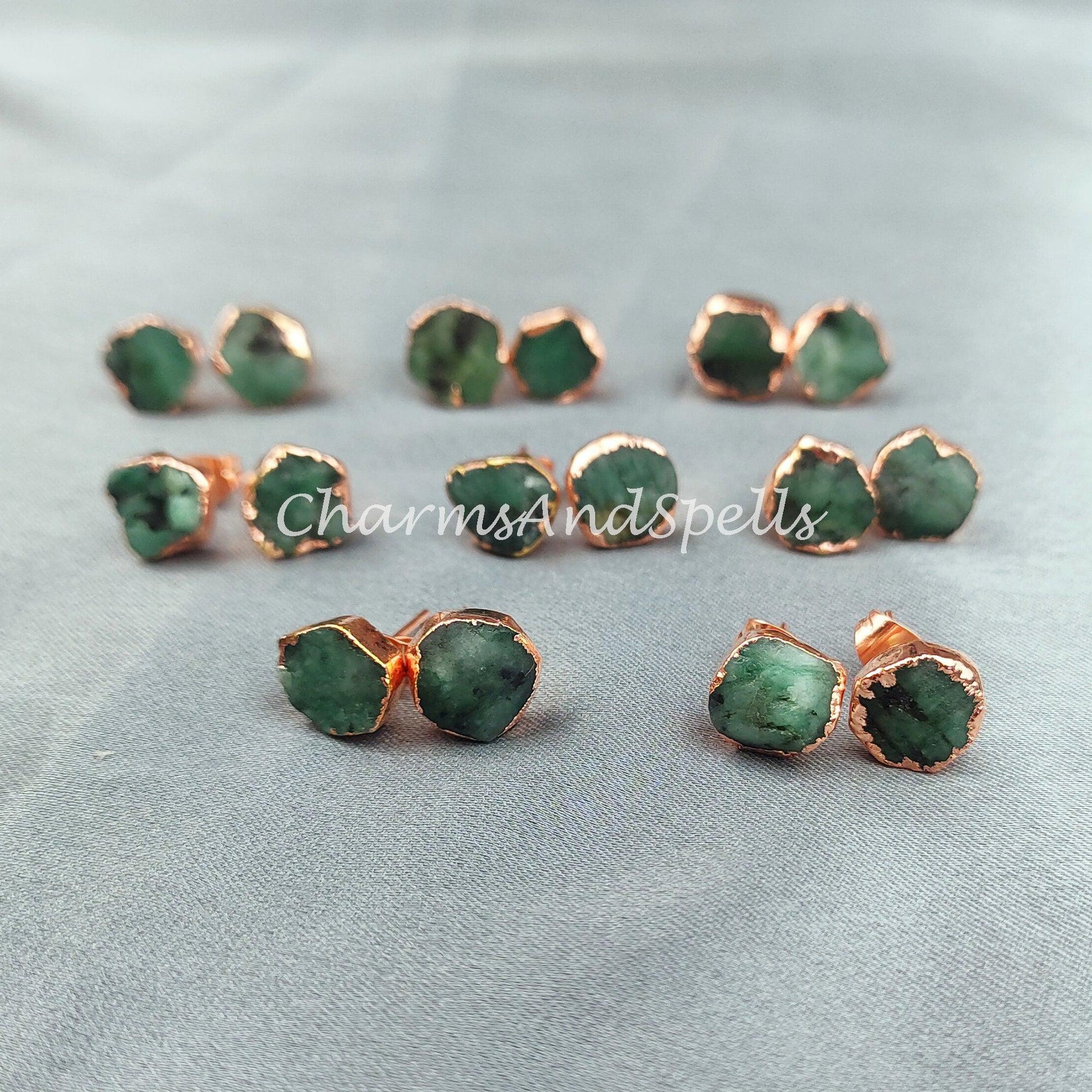 Raw Emerald Electroplated Stud Earrings, Copper Jewelry, Emerald Jewelry, Gemstone Earrings, Stud Earrings - Charms And Spells