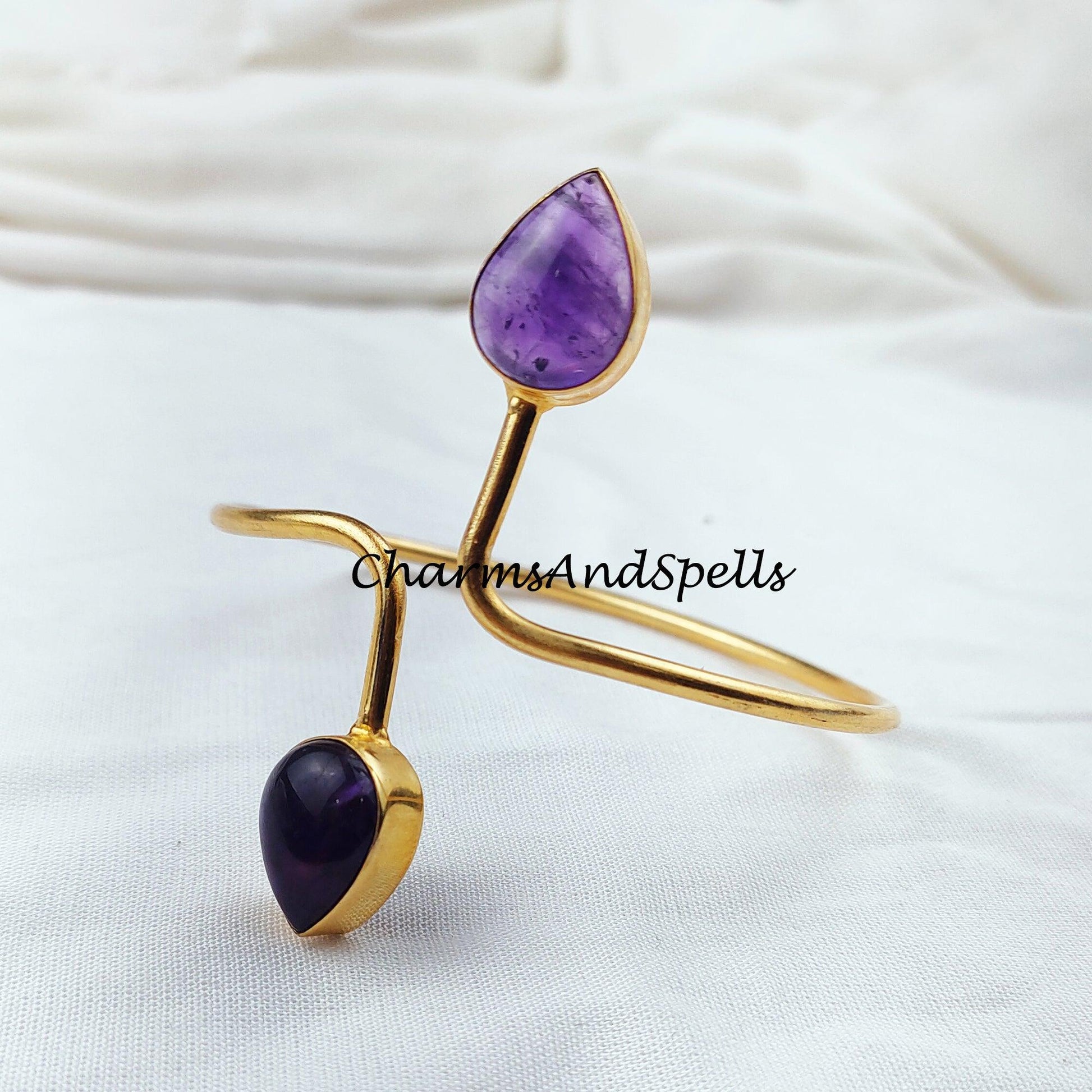 Amethyst gemstone bangle, Gold plated handmade bangle, ethnic Bangle, adjustable bangle, february birthstone bangle - Charms And Spells