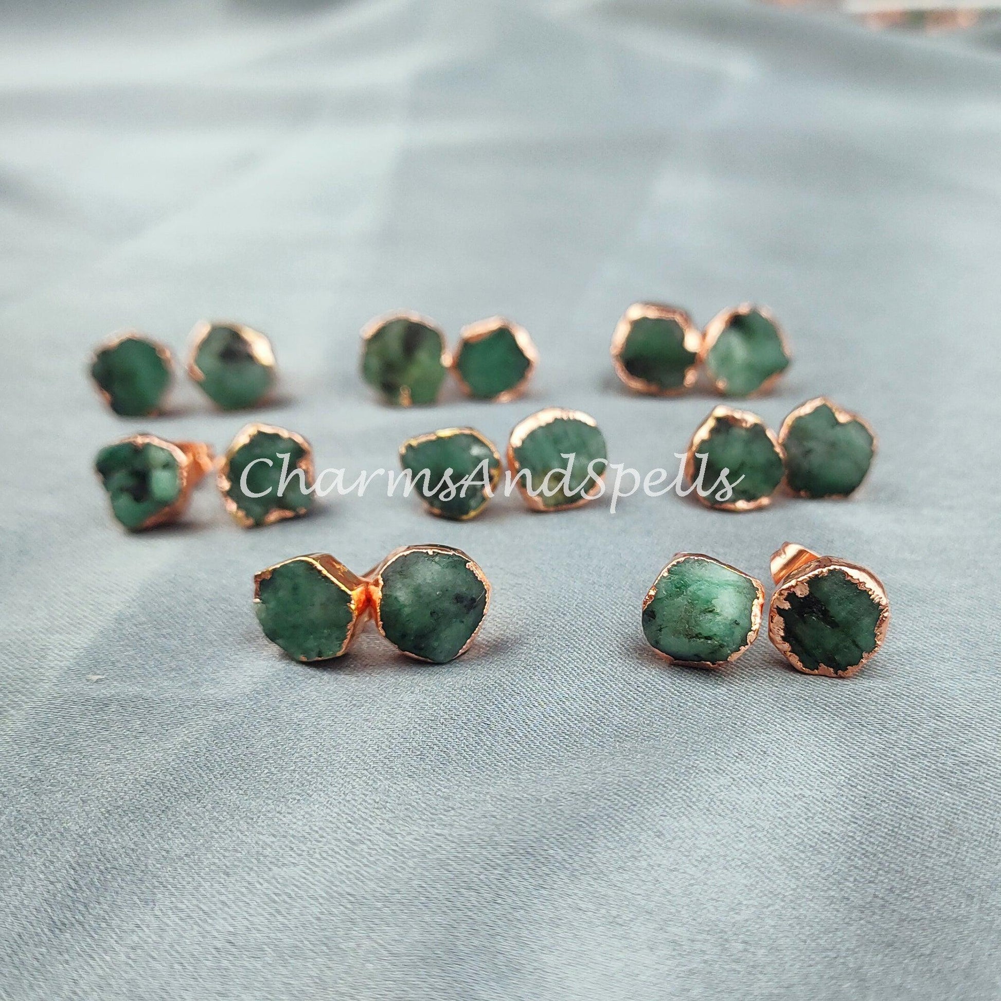 Raw Emerald Electroplated Stud Earrings, Copper Jewelry, Emerald Jewelry, Gemstone Earrings, Stud Earrings - Charms And Spells