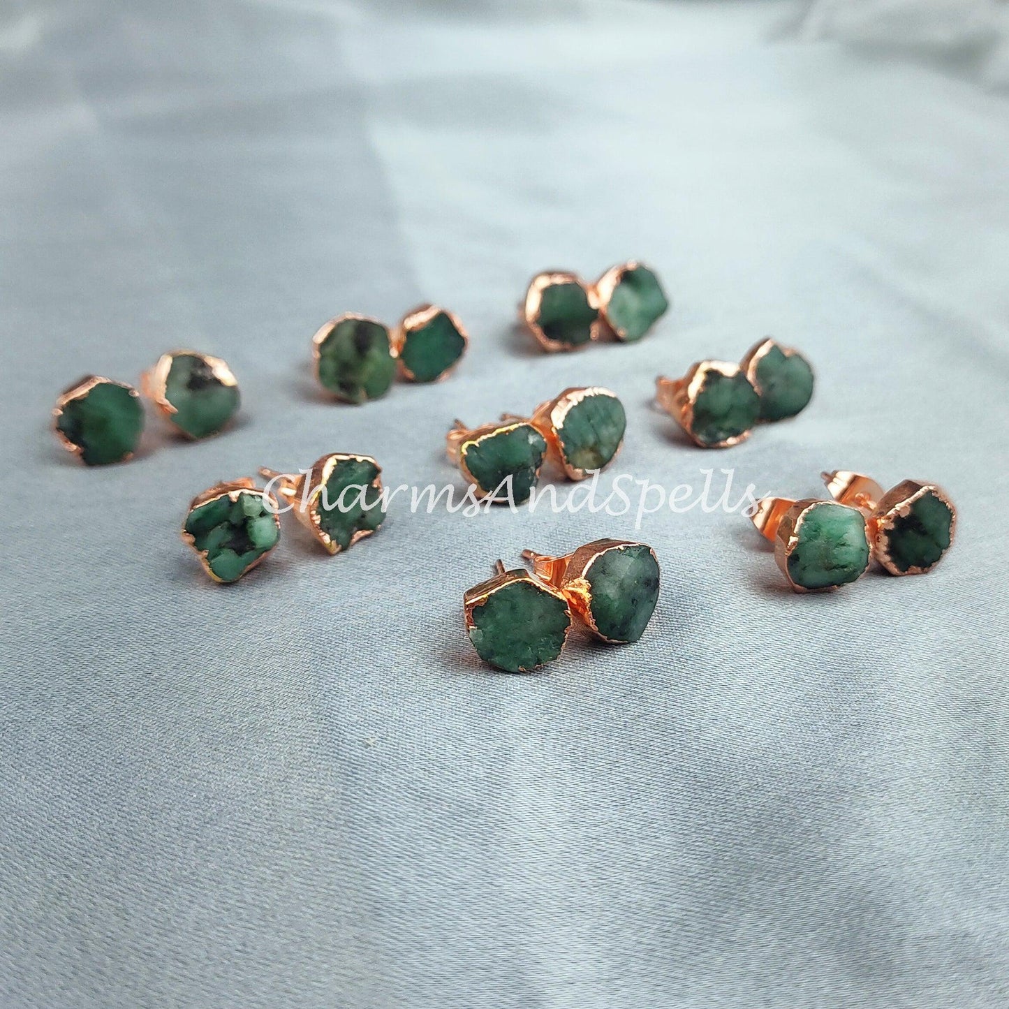 Raw Emerald Electroplated Stud Earrings, Copper Jewelry, Emerald Jewelry, Gemstone Earrings, Stud Earrings - Charms And Spells