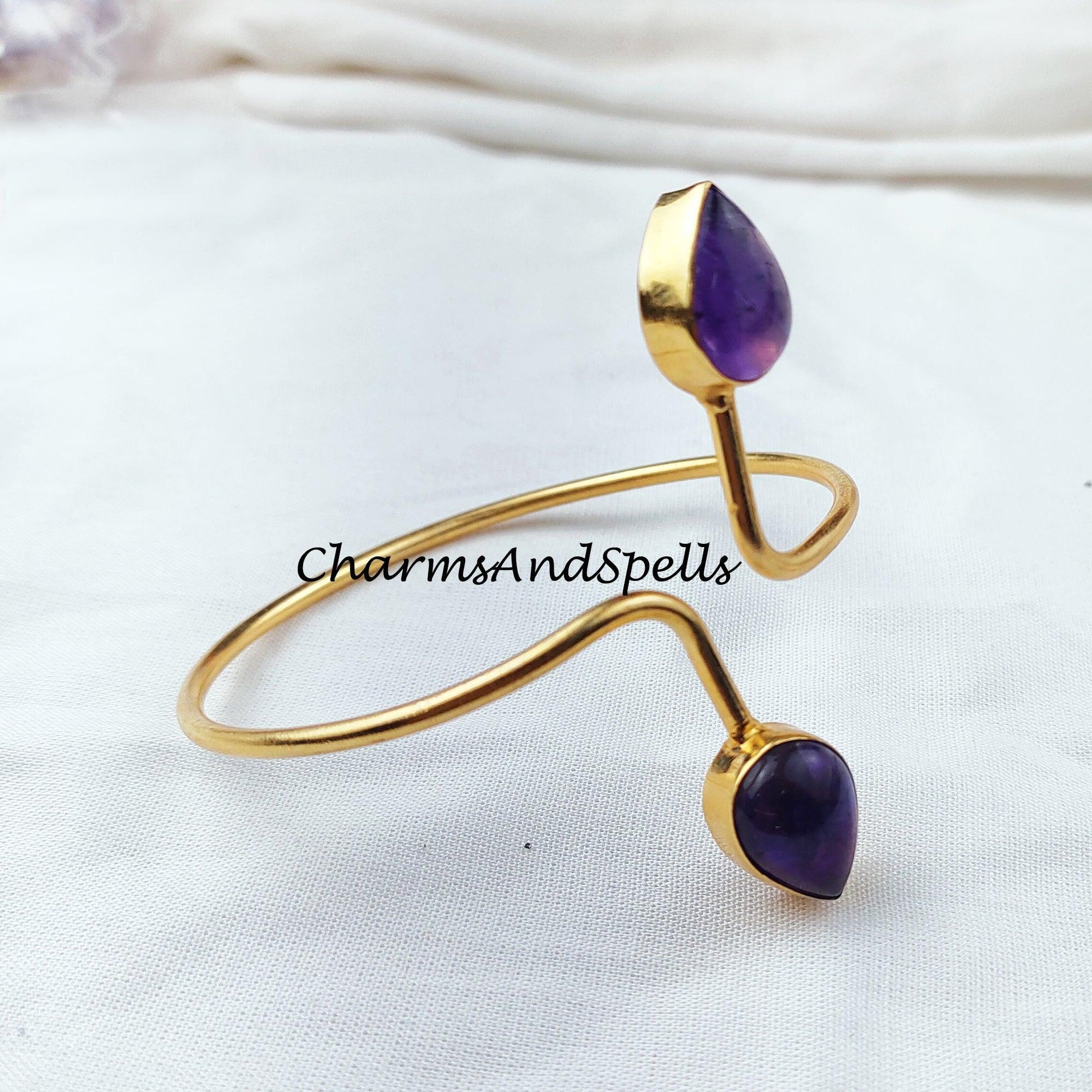 Amethyst gemstone bangle, Gold plated handmade bangle, ethnic Bangle, adjustable bangle, february birthstone bangle - Charms And Spells