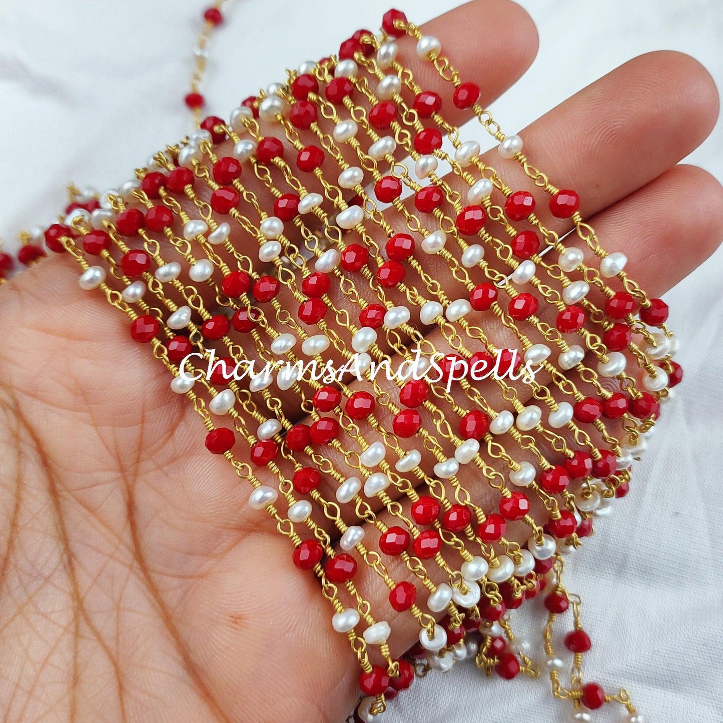 1 Feet Chain, Coral Rosary Chain, 14K Gold Plated Wire Wrap Chain, Pearl Rondelle Rosary, Rosary Chain For Making Jewelry, Black Chain, Onyx Chain - Charms And Spells